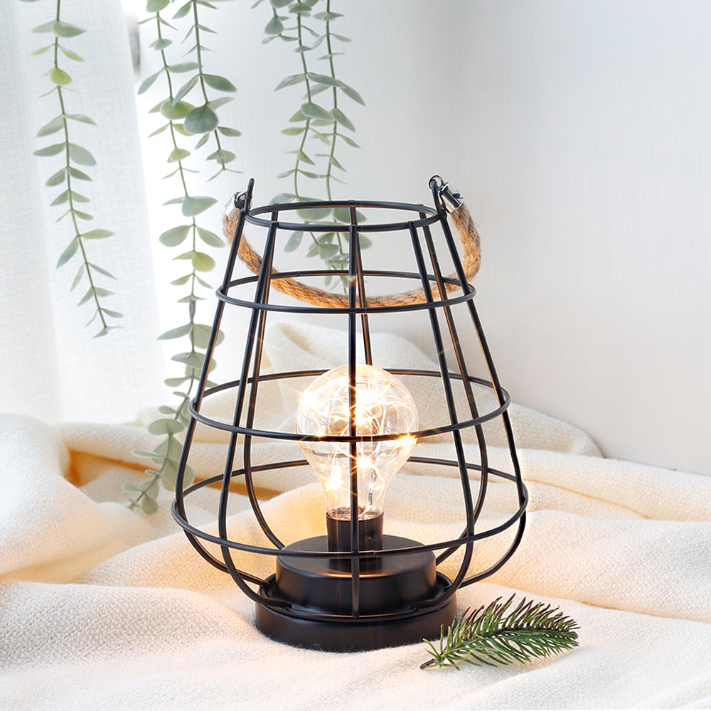 JHY DESIGN 8.5"H Cage Lantern: Decorative Table Lamp, Battery-Powered, Cordless, Warm White Fairy Lights + LED Edison Bulb (Black)-3