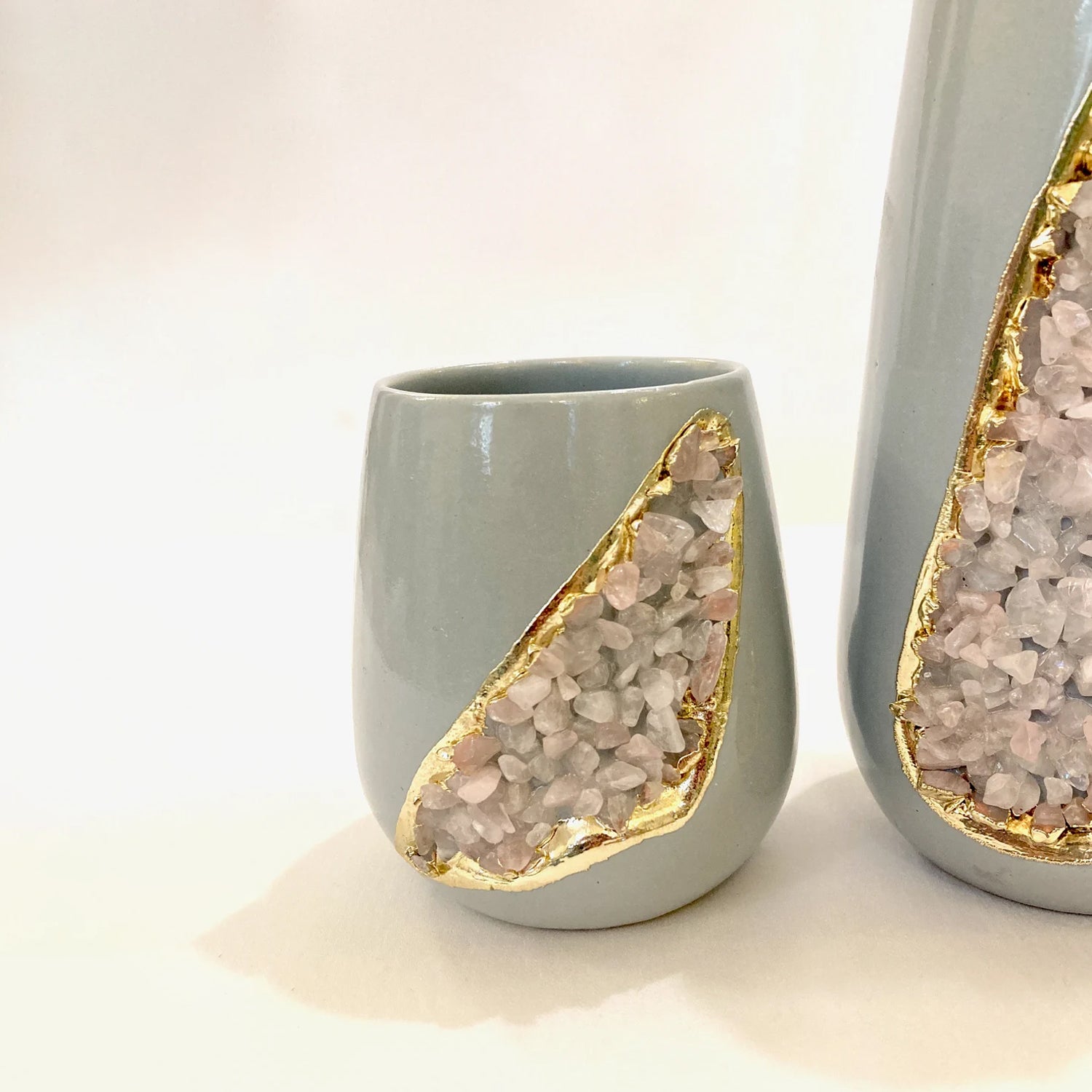 Grey and Gold Ceramic Vase/Planter/Pot/Wine Goblet/Mug with Rose Quartz Semi-precious Agate Crystal Gemstones-1