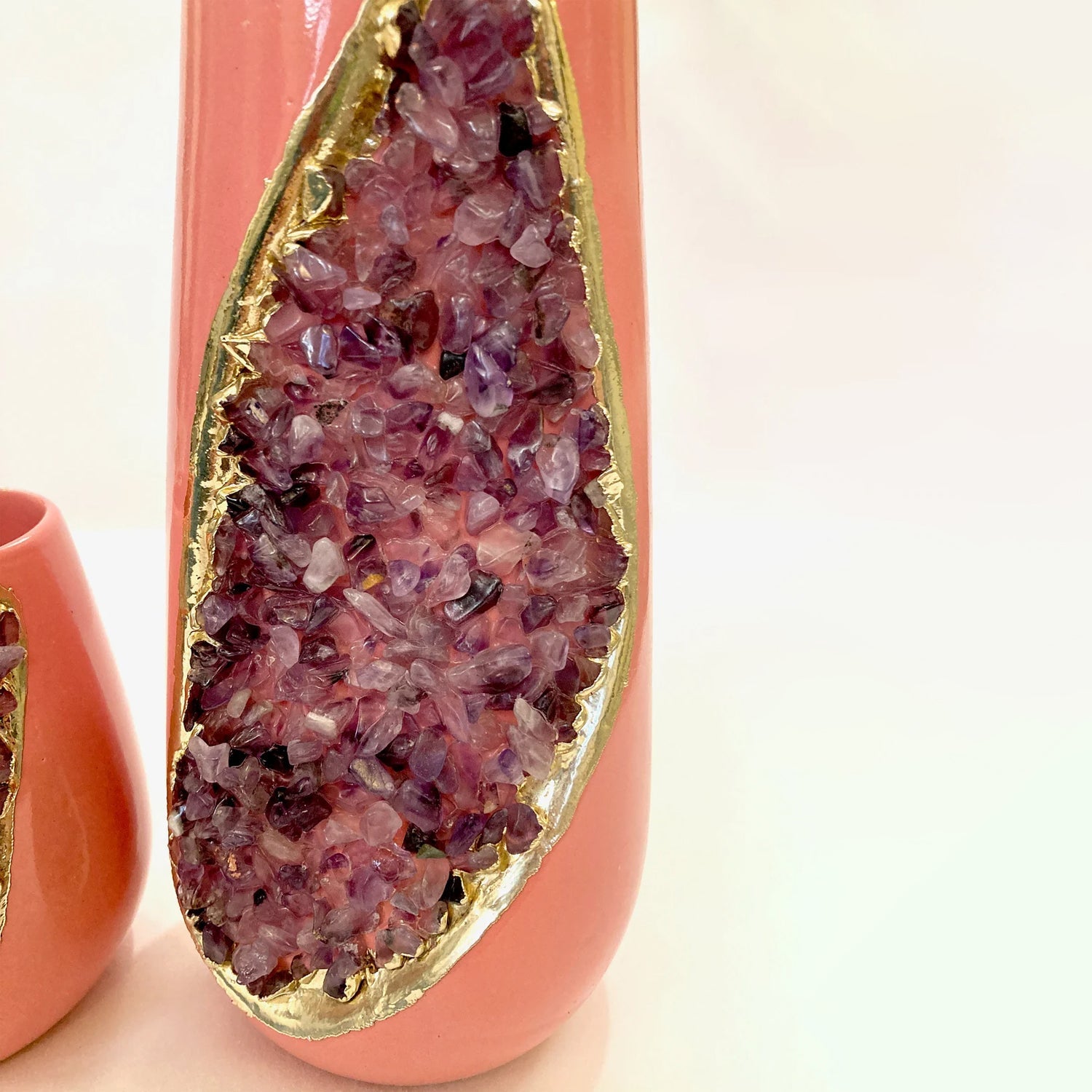 Pink and Gold Ceramic Vase/Planter/Pot/Wine Goblet/Mug with Purple Amethyst Semi-precious Agate Crystal Gemstones-1