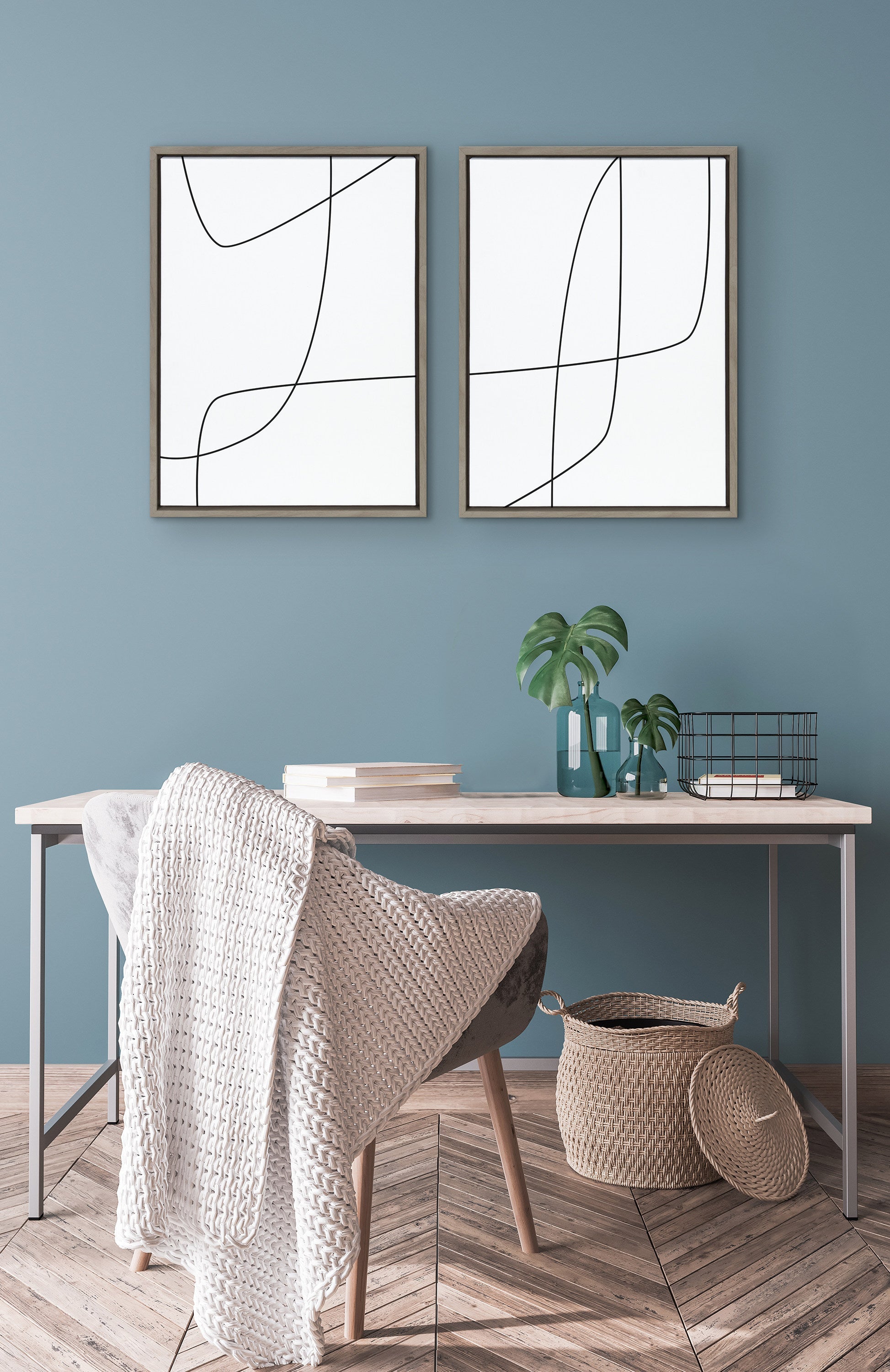 Sylvie Modern Line Abstract 3 and 4 Black and White Framed Canvas by The Creative Bunch Studio