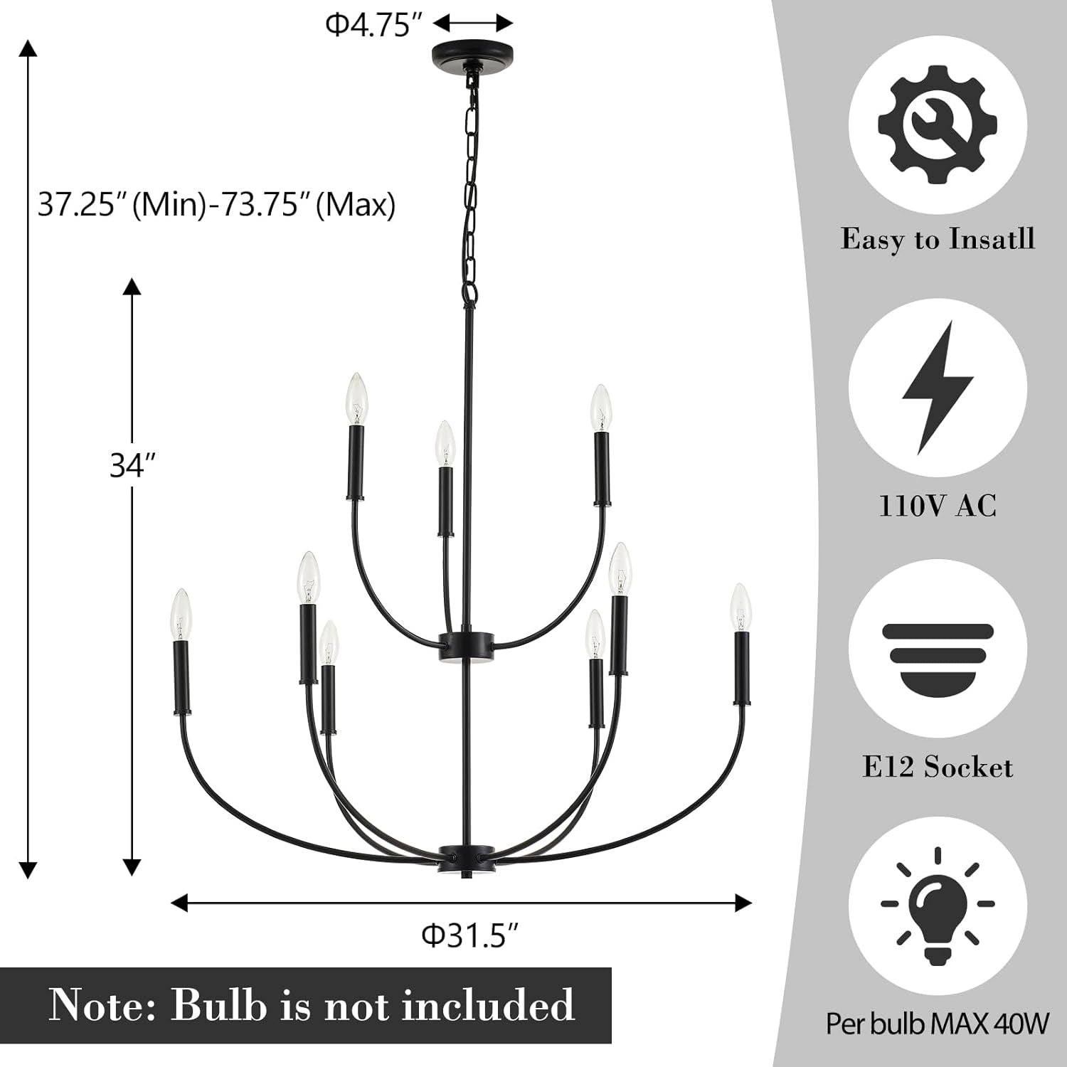 Nine Light Black Chandelier Entryway Modern Farmhouse-3