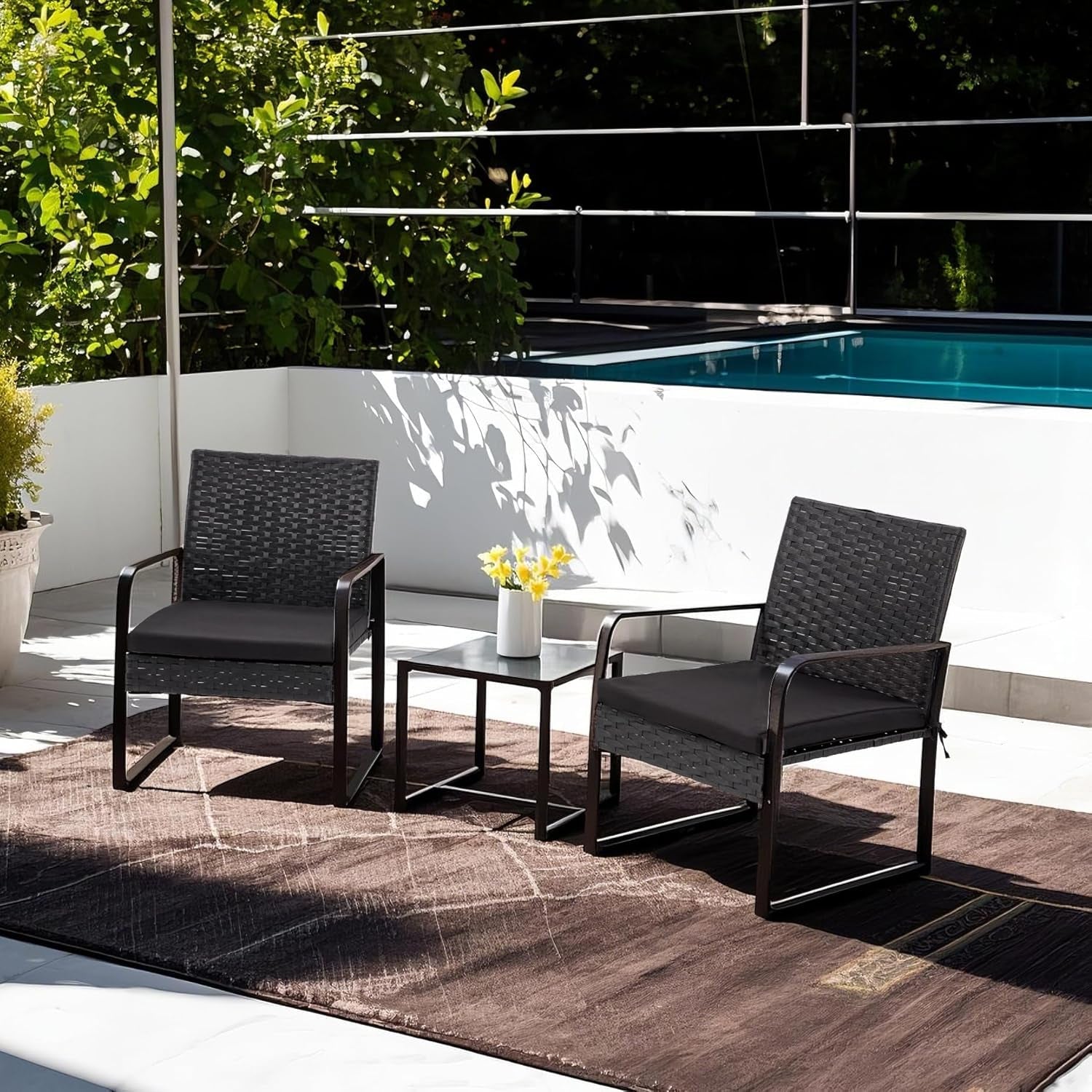 3 Piece Outdoor Patio Furniture Set Wicker Conversation Set With Glass Coffee Table