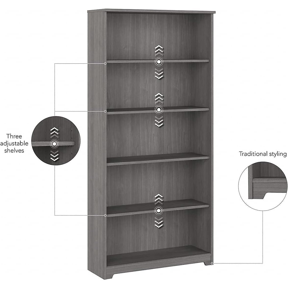 Bush Furniture Cabot Tall 5 Shelf Bookcase Modern Gray