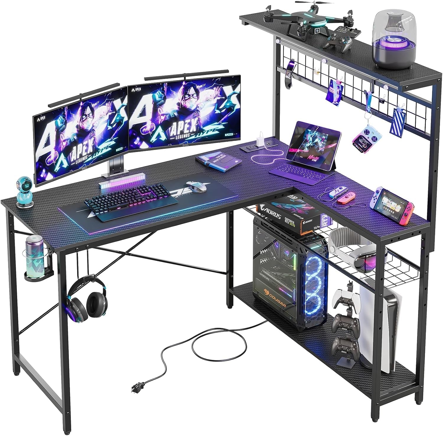 51-Inch L-Shaped Gaming Desk With LED Lights For Office