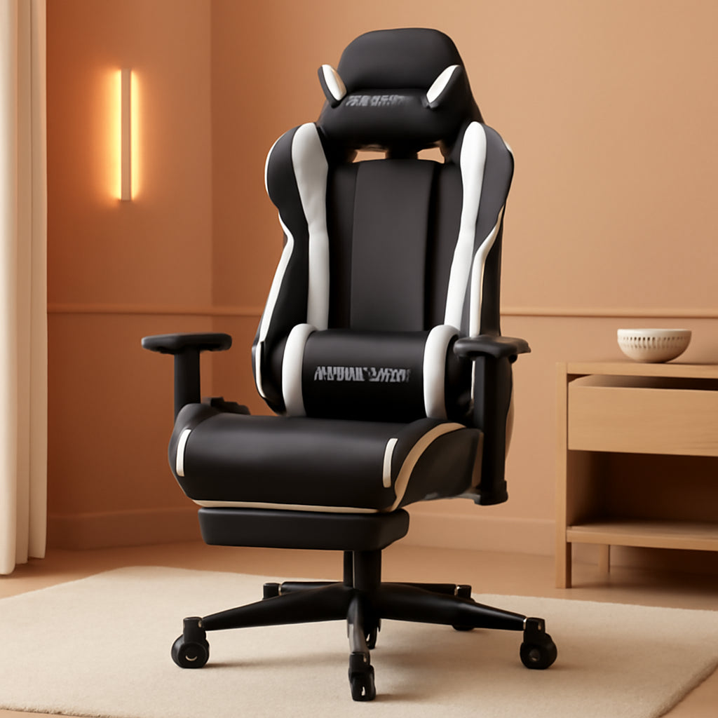 White Ergonomic Gaming Chair With Footrest And Height Adjustable