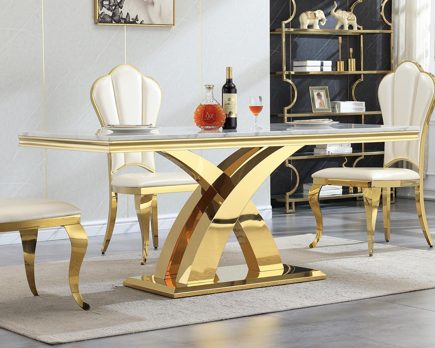 Faux Marble Dining Table 70 Inch With X Pedestal Base