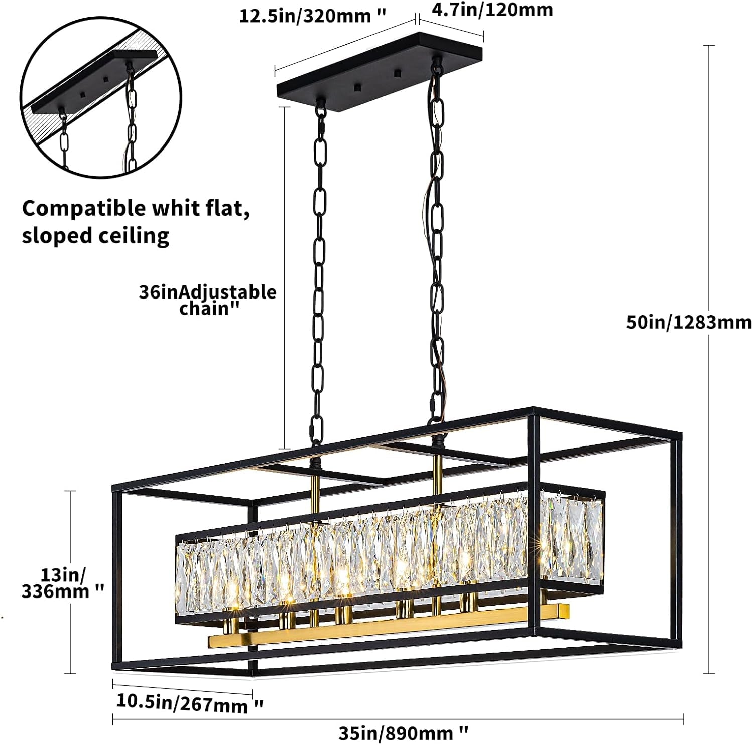 Black Six Light Rectangular Crystal Chandelier Dining Room-4