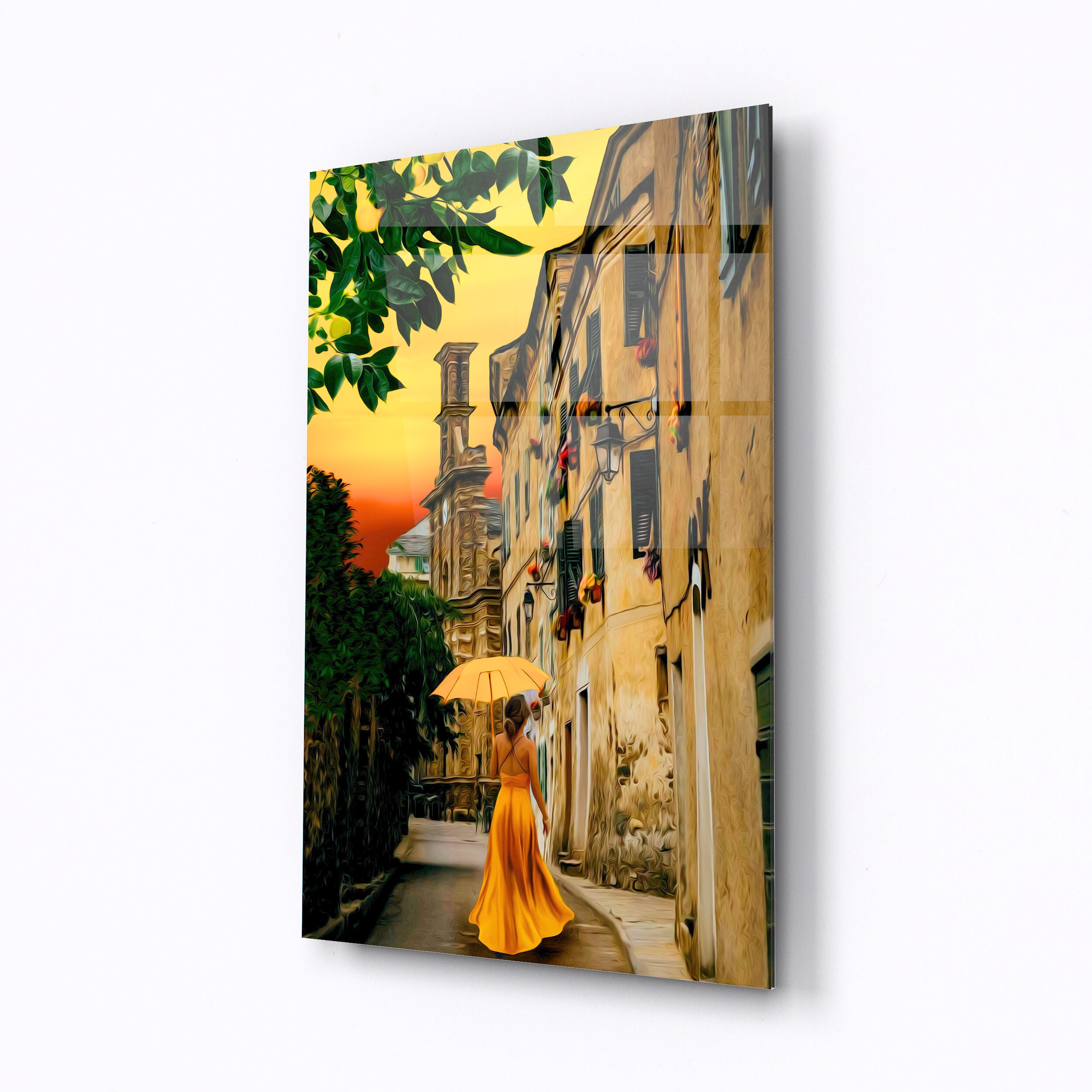 Tempered glass wall art Girl with a yellow umbrella-0