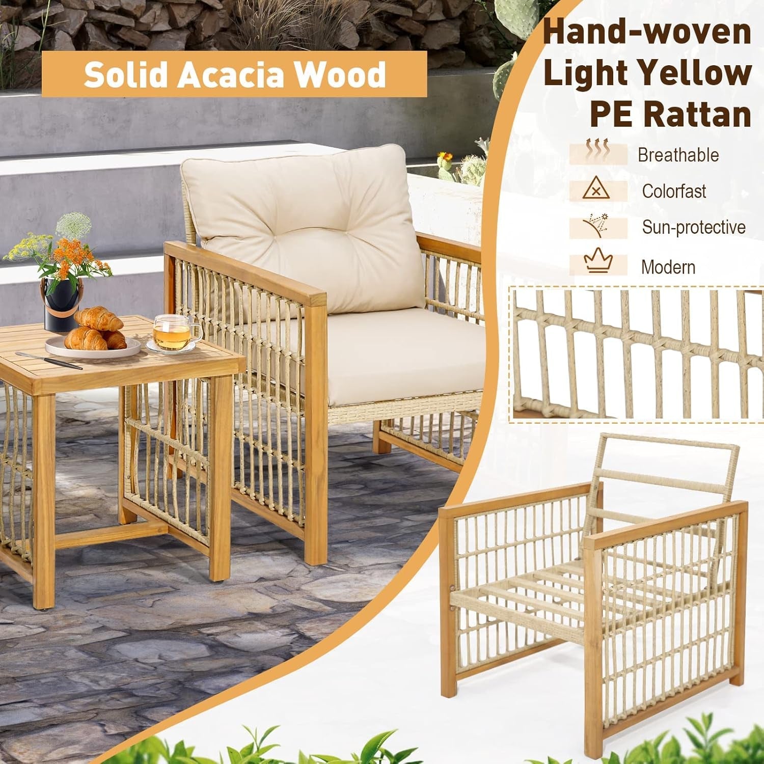 3 Piece Acacia Wood Patio Furniture Set With Beige PE Wicker Cushioned Chairs And Coffee Table