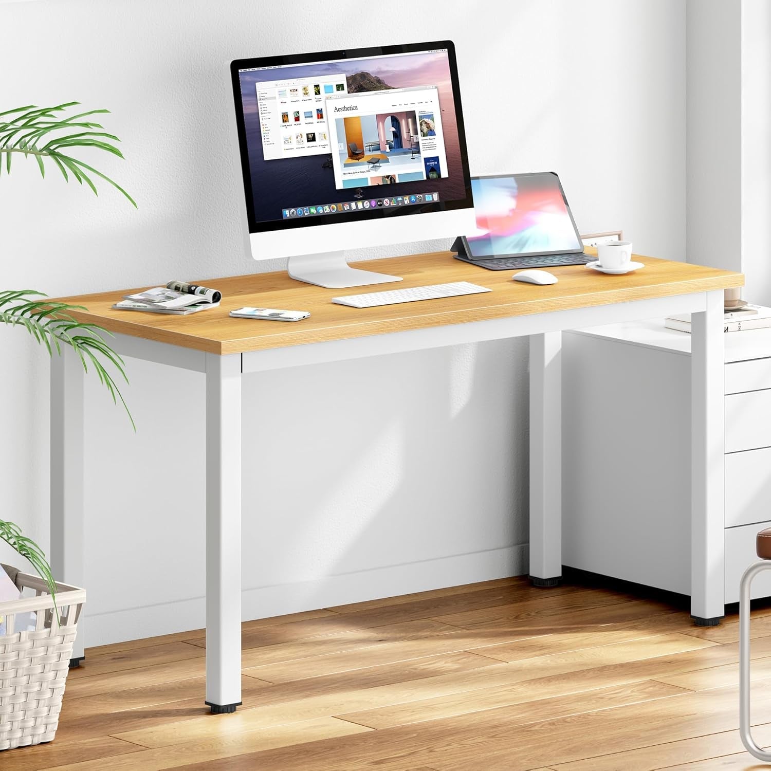 120cm Teak Wood White High Gloss Finish Desk Stability