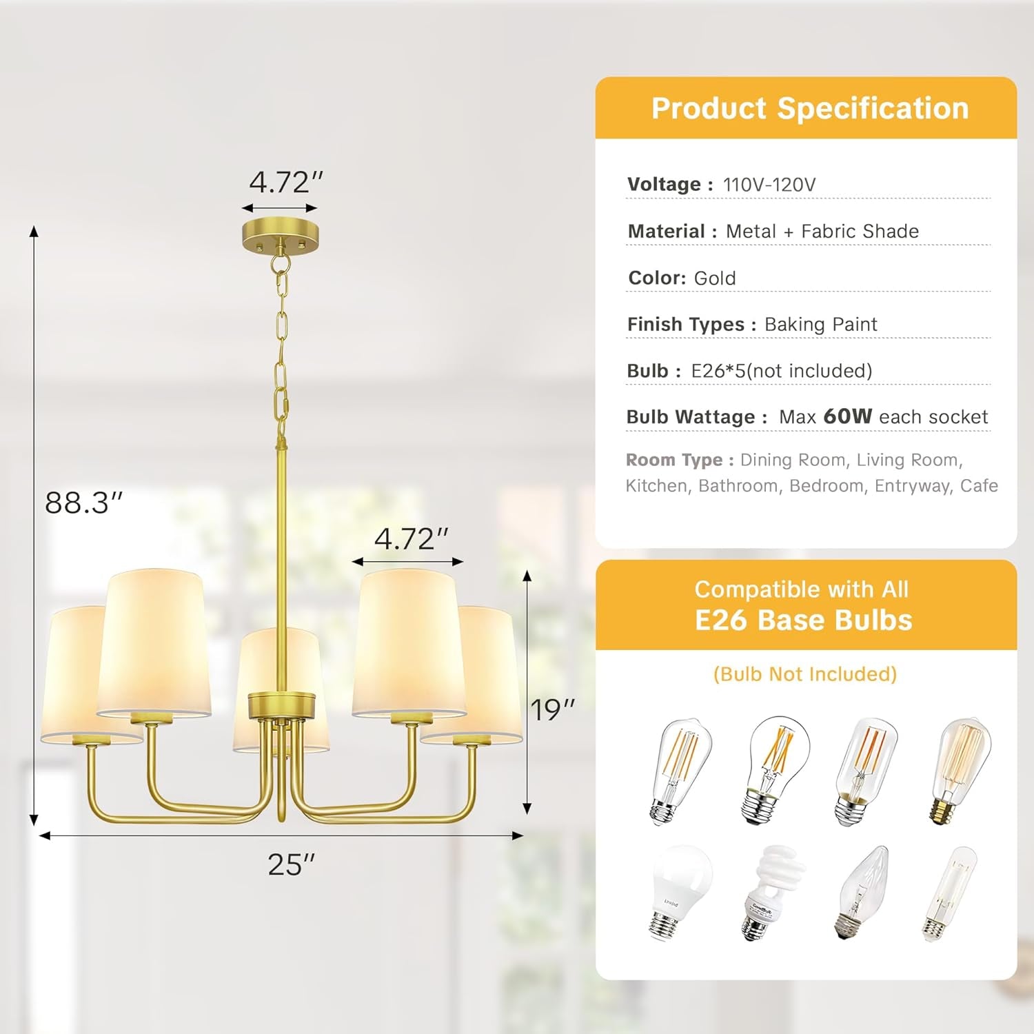 Gold Farmhouse Chandelier Fivefold Light Shade Fabric-1
