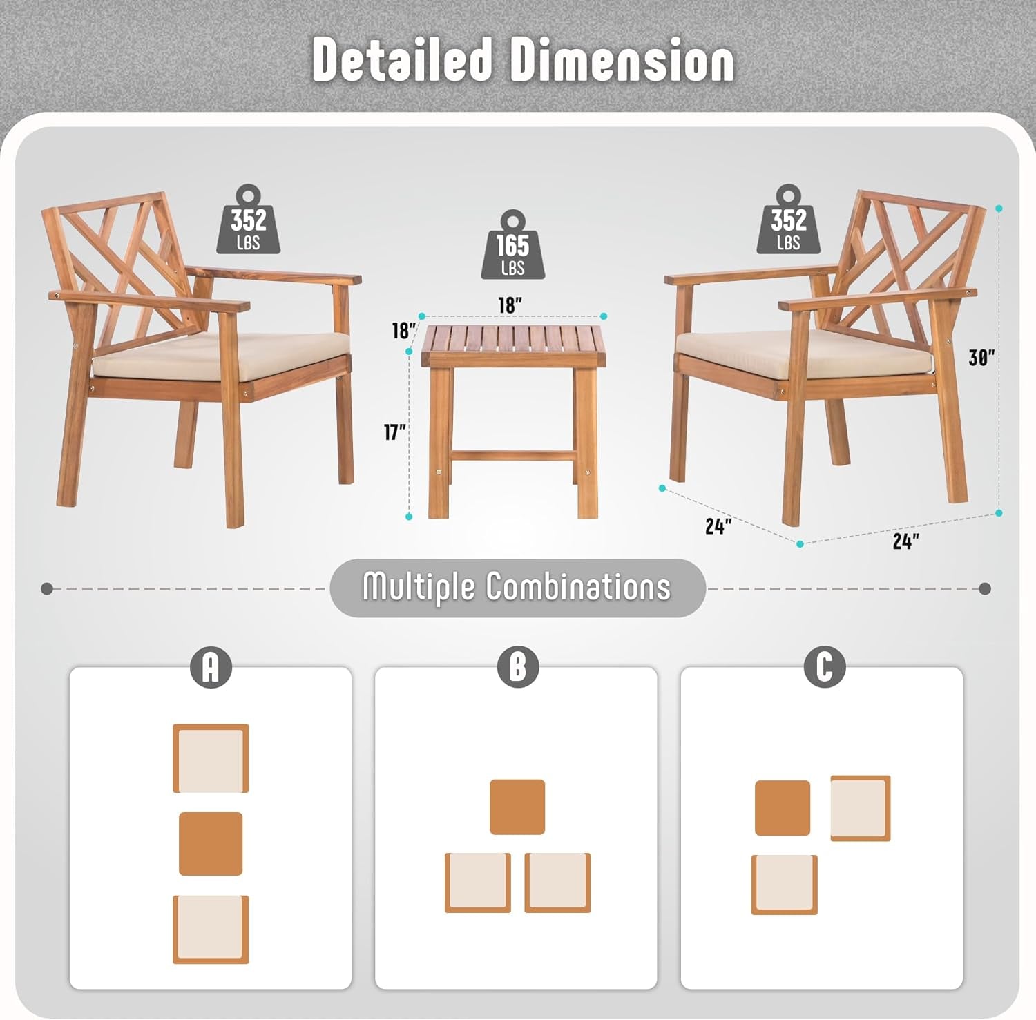 3 Piece Outdoor Patio Furniture Set Acacia Wood Cushioned Chairs And Coffee Table