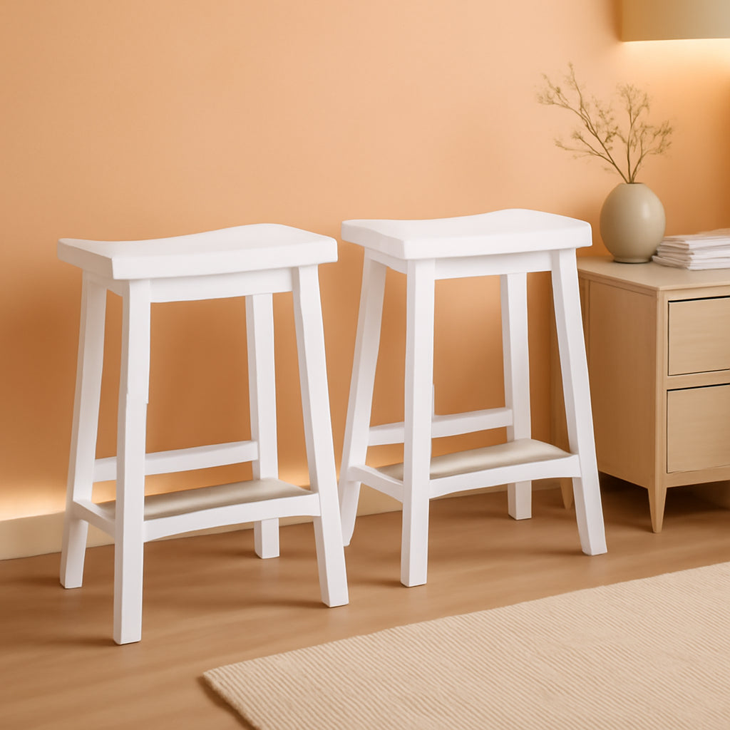 Solid Wood Saddle Seat Counter Height Bar Stool White 24 Inch Set Of 2