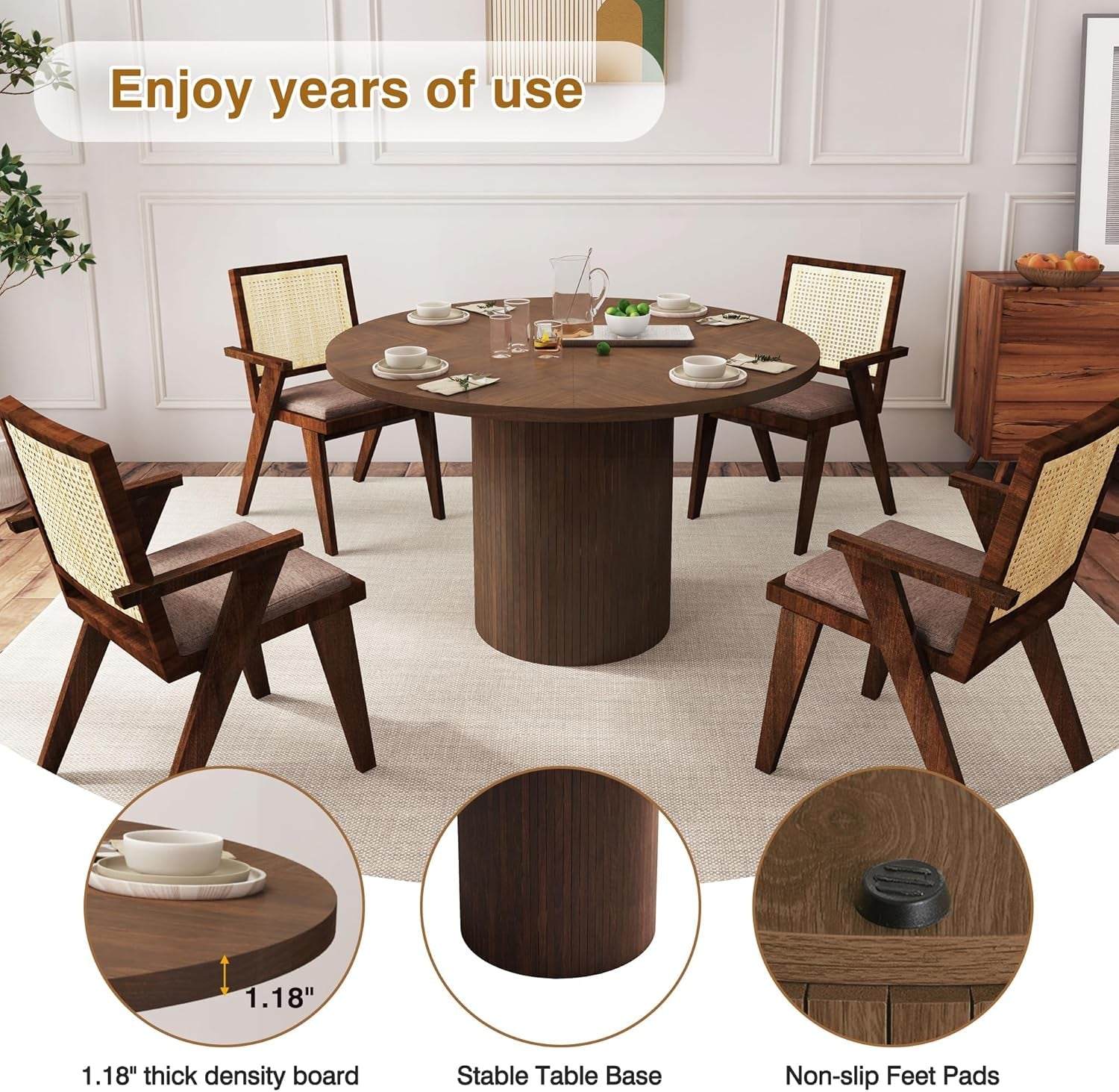 Round Dining Table For 4 Walnut 47 Inch Modern Farmhouse