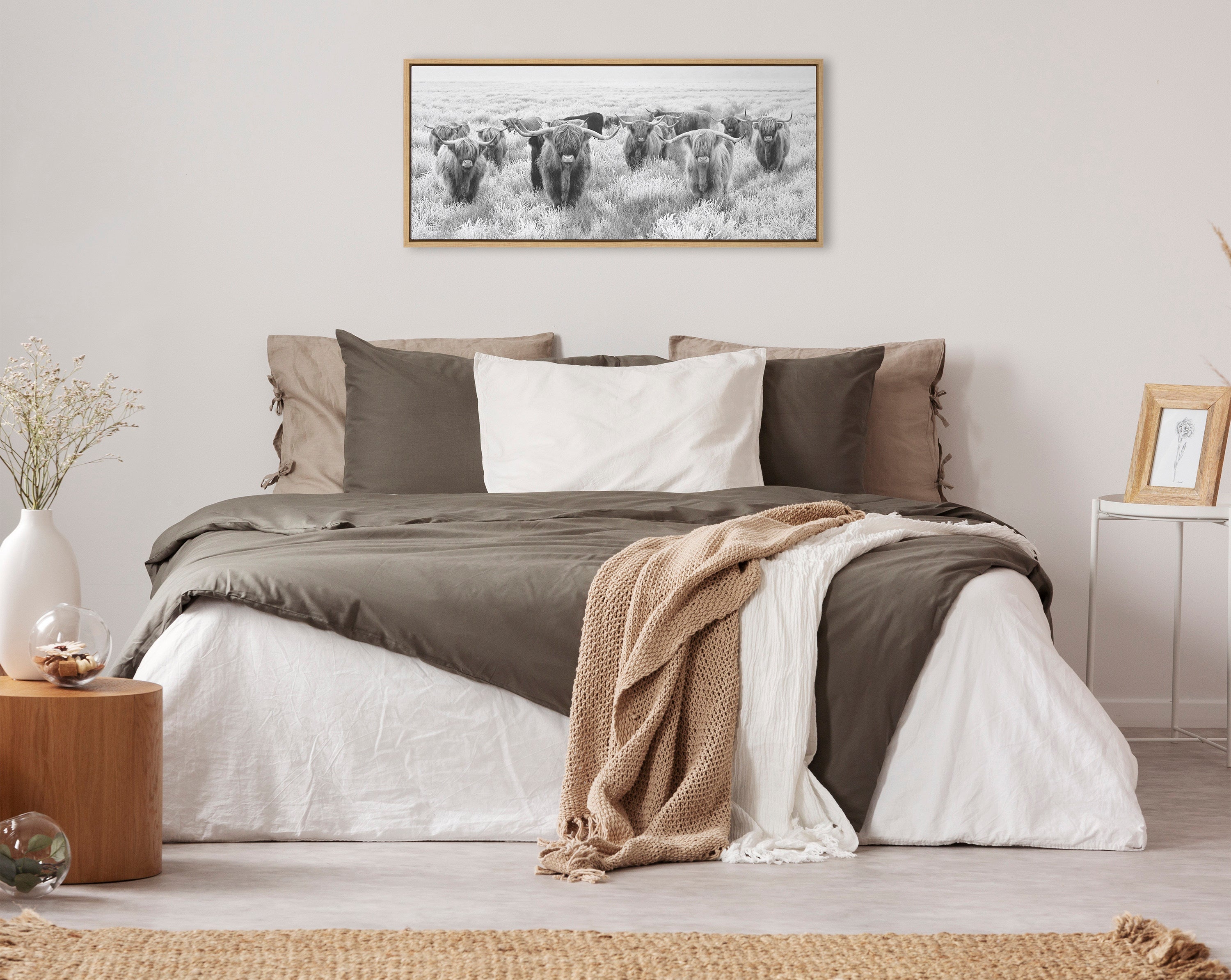 Sylvie Herd of Highland Cows Black and White Framed Canvas by The Creative Bunch Studio