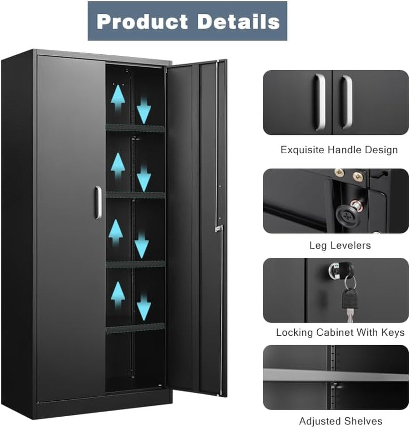 Black Metal Storage Cabinet With Locking Adjustable Shelves