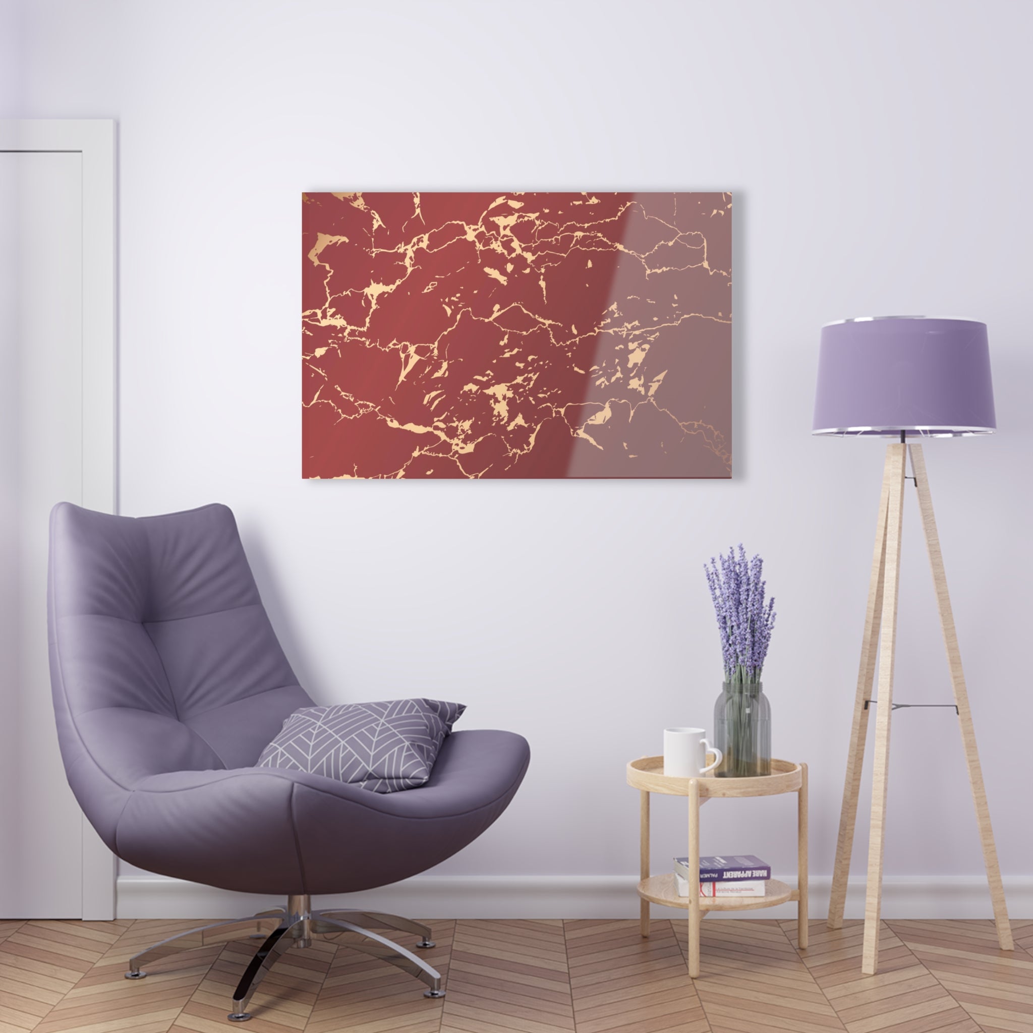 Red glass wall art with gold lines