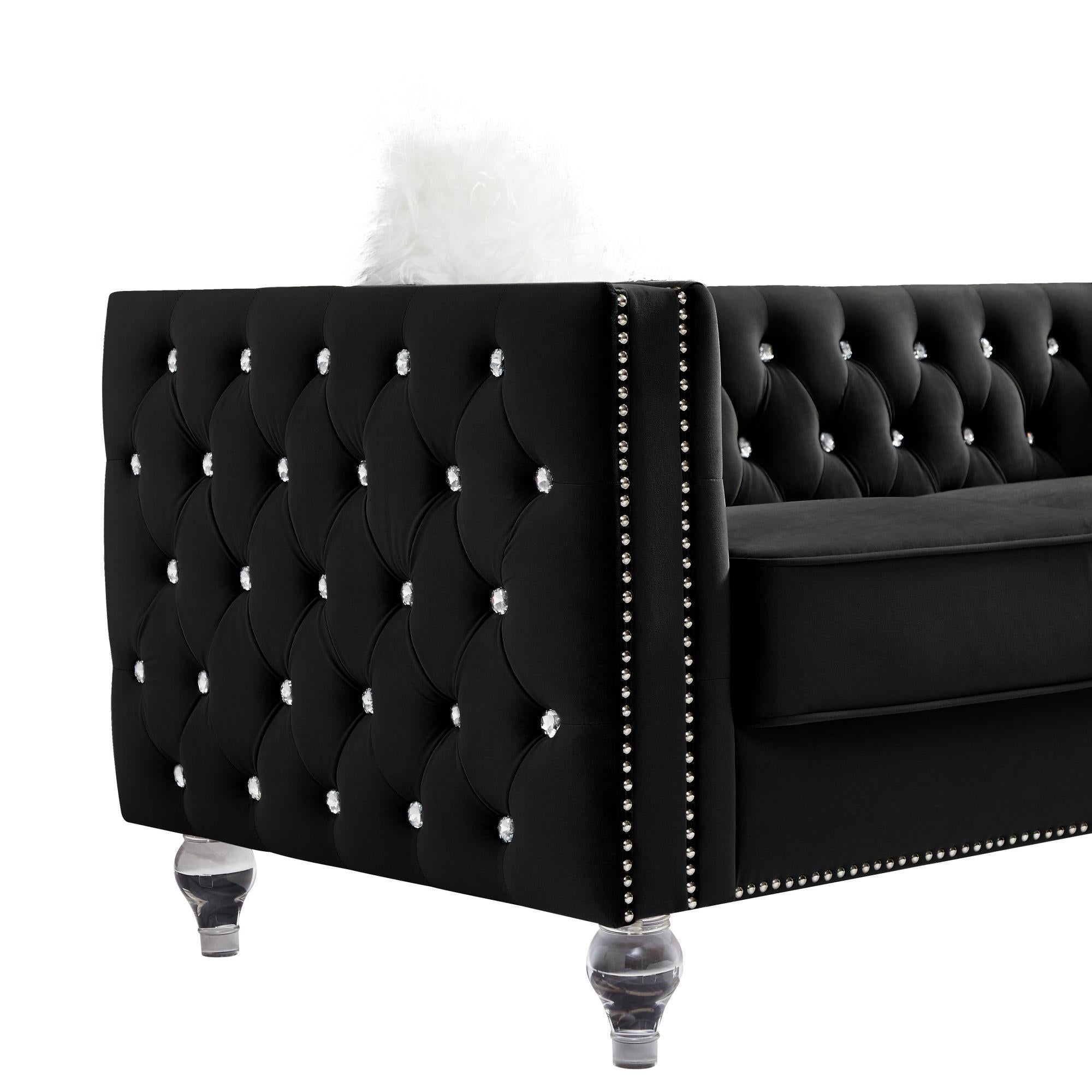 Velvet Upholstery Tufted Sofa With Crystal Feet and Removable Cushion-3