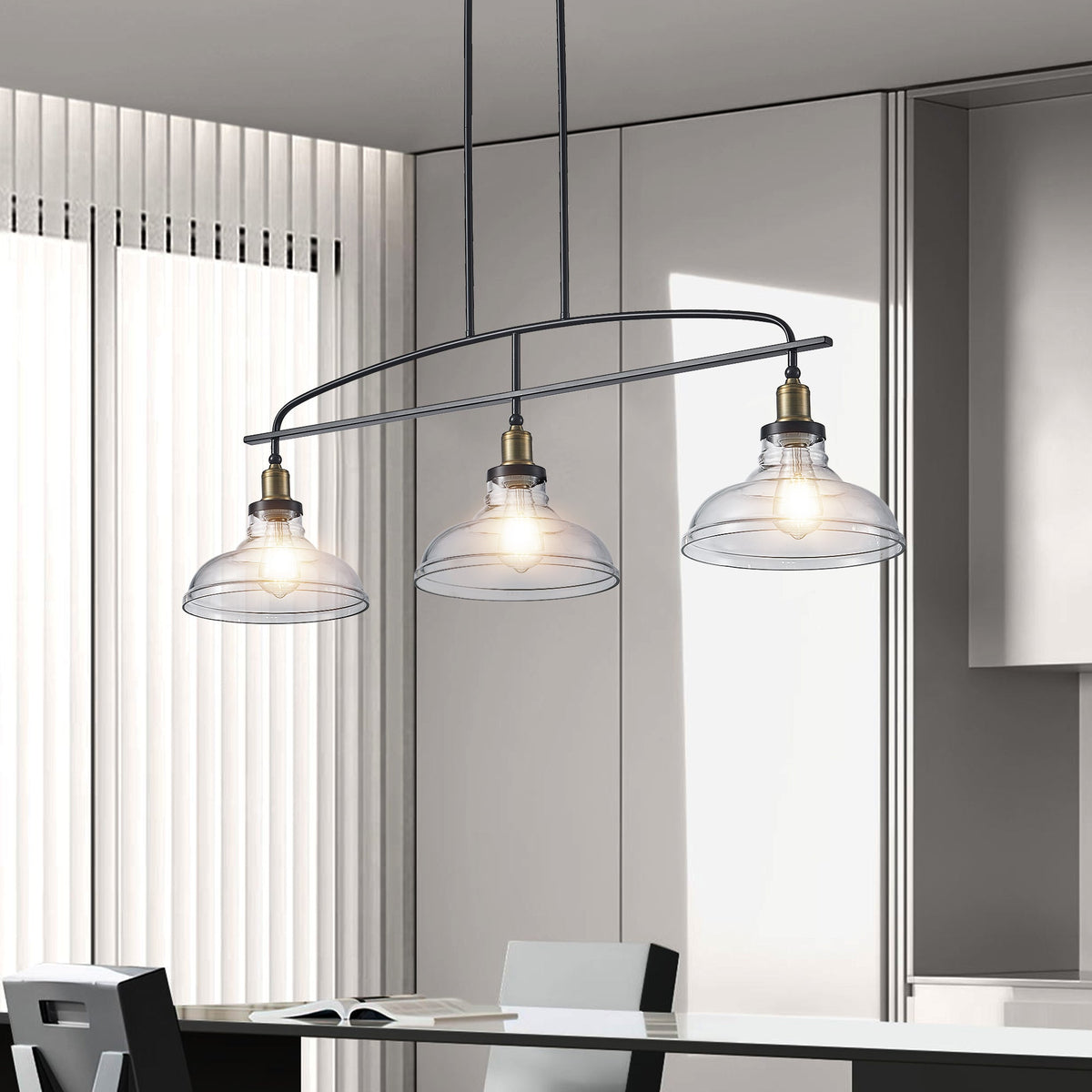 45" Industrial 3-Light Pendant Chandelier with Clear Glass Shades