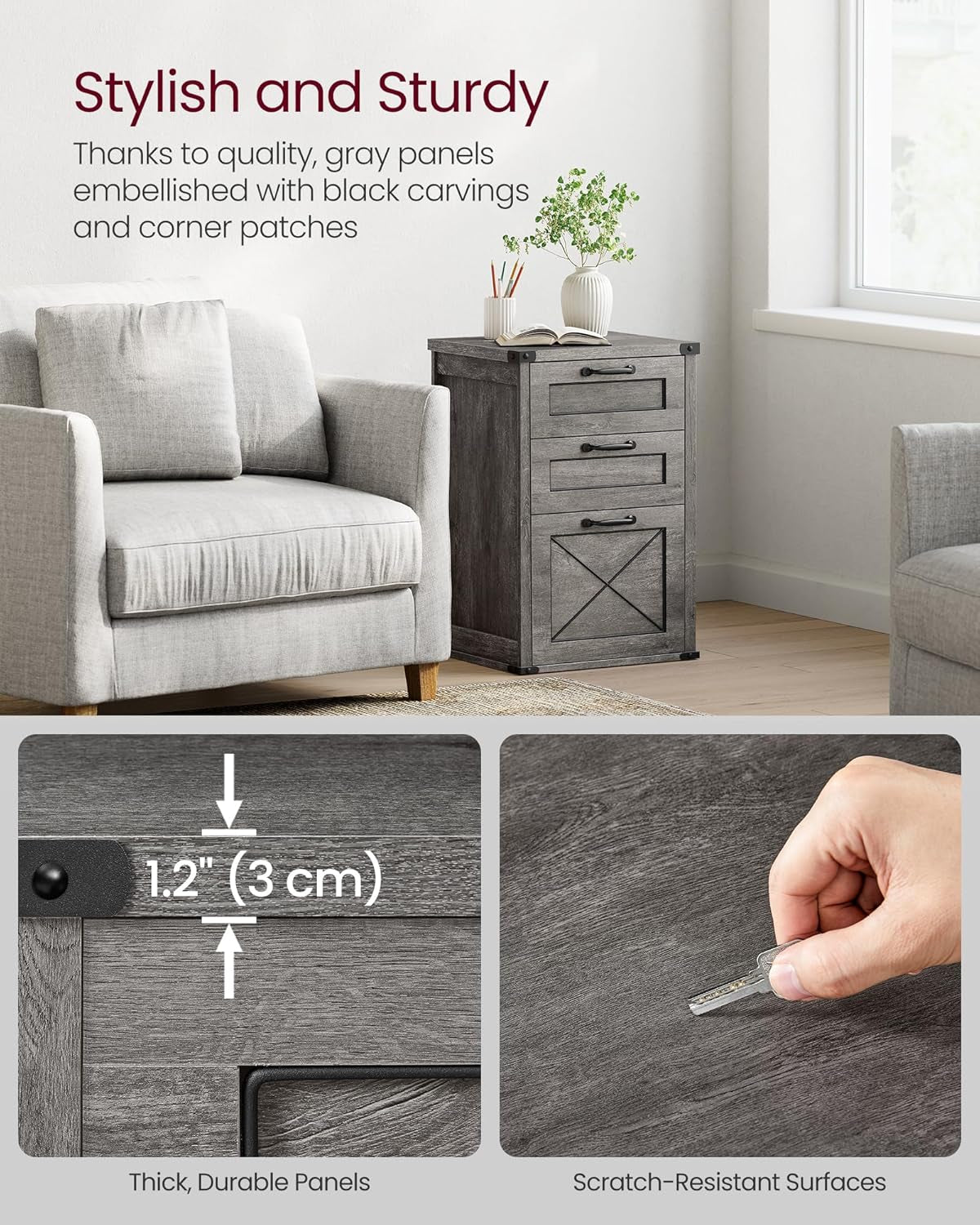 Misty Gray File Cabinet 3 Drawer Modern Farmhouse Style