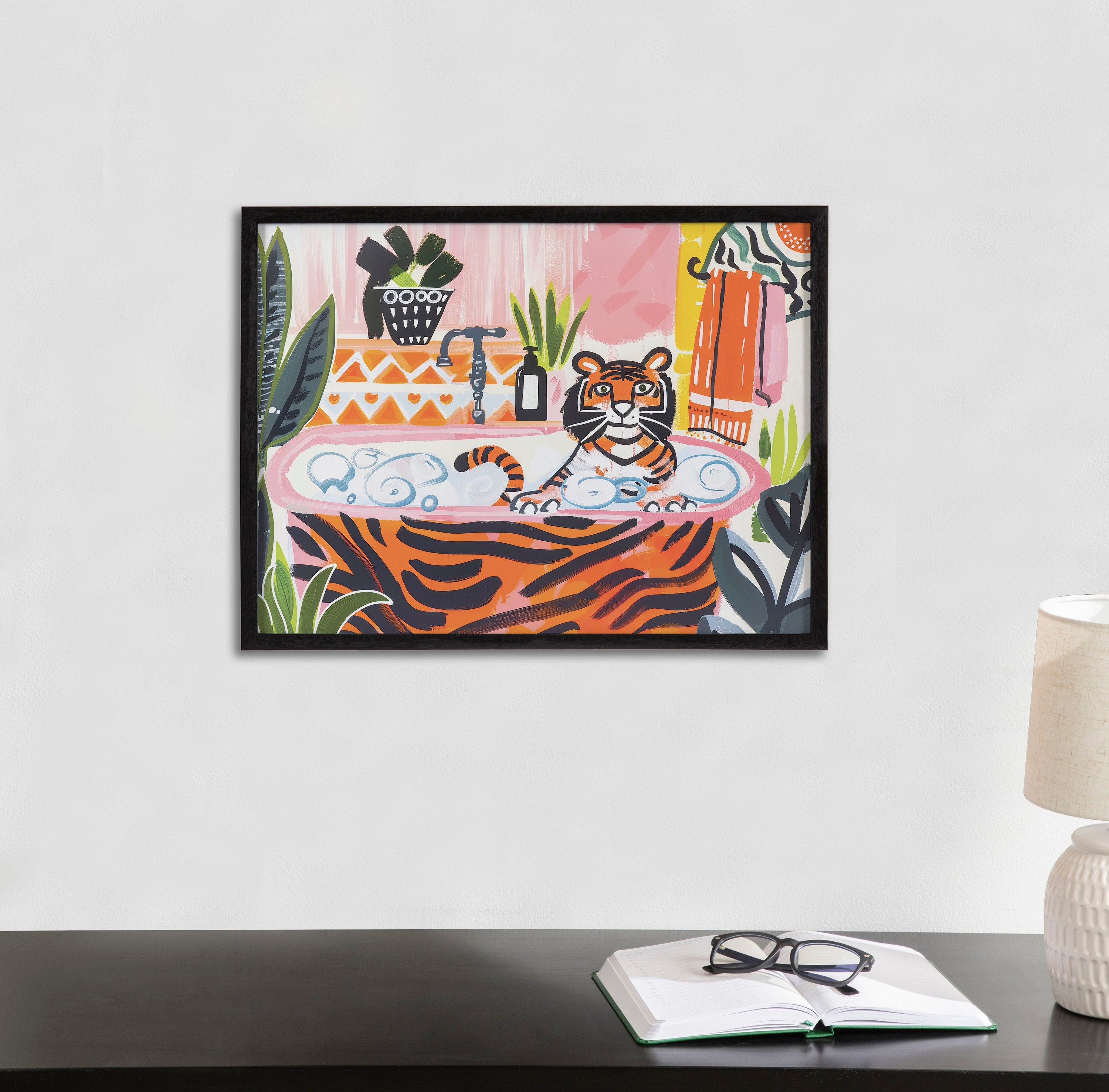 Gallery Bold Maximalist Tiger in Bubble Bath Print by The Creative Bunch Studio