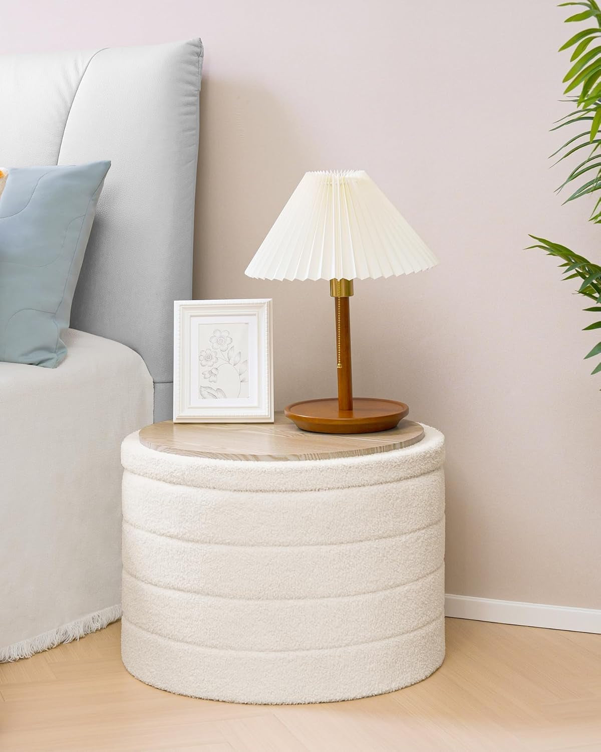 Round Sherpa Boucle Storage Ottoman White 22 Inches