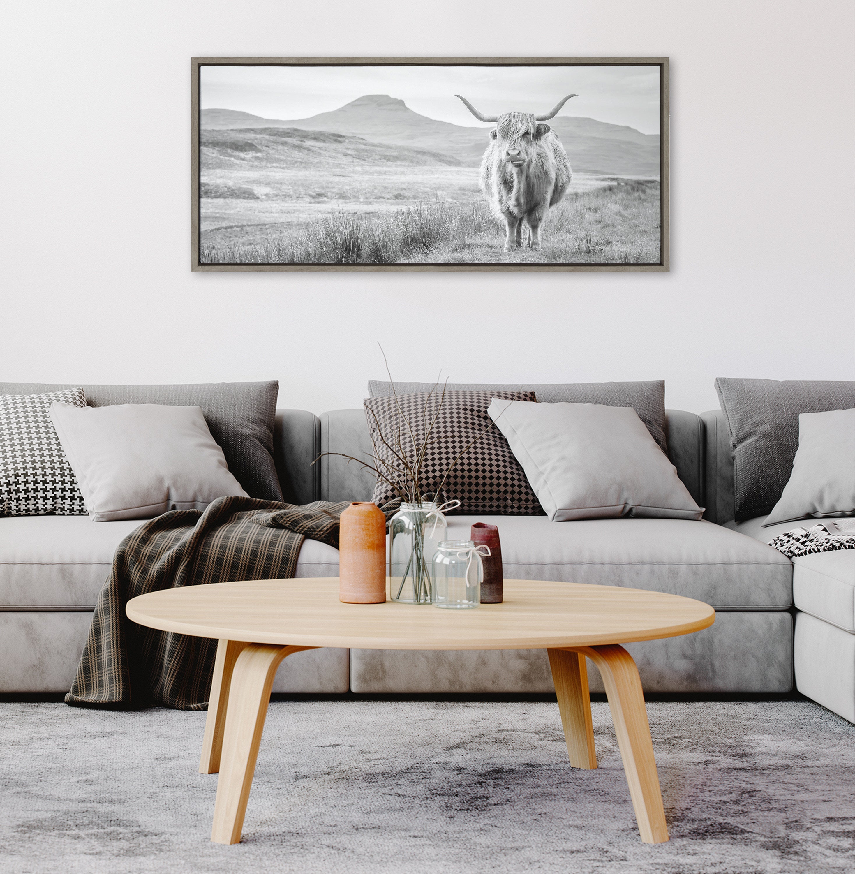 Sylvie Highland Cow Mountain Landscape Black and White Framed Canvas by The Creative Bunch Studio