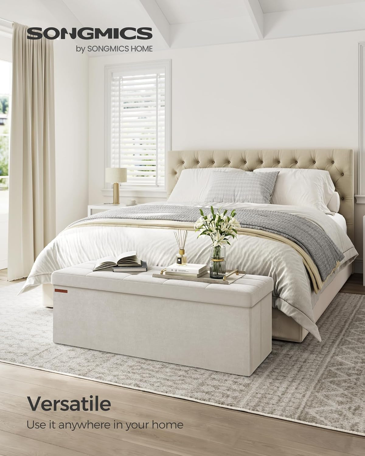 Cream White Storage Ottoman Bench Foldable 15x43x15