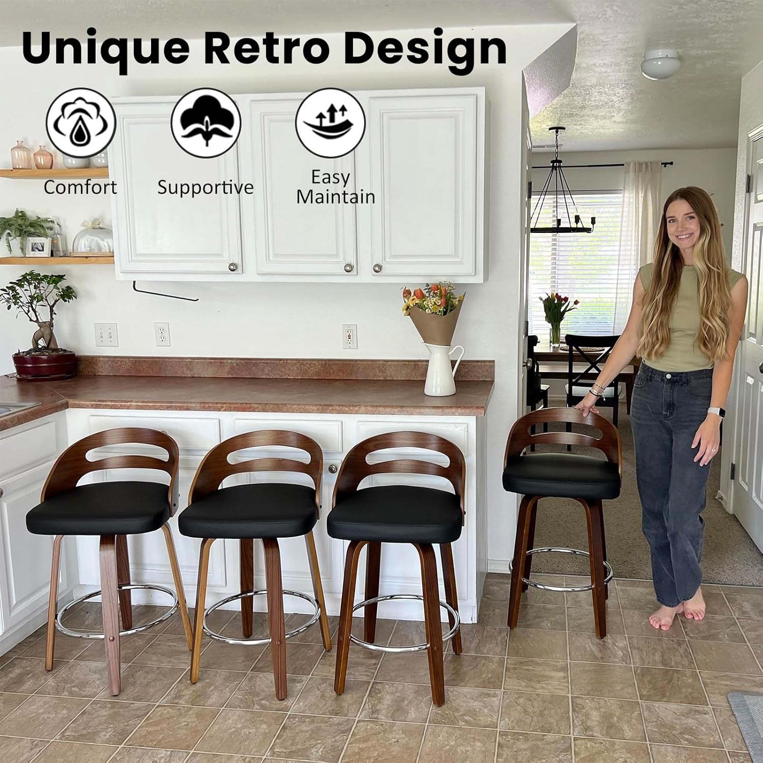 Bar Stools Set Of 2 Black Swivel For Home Bar Counter