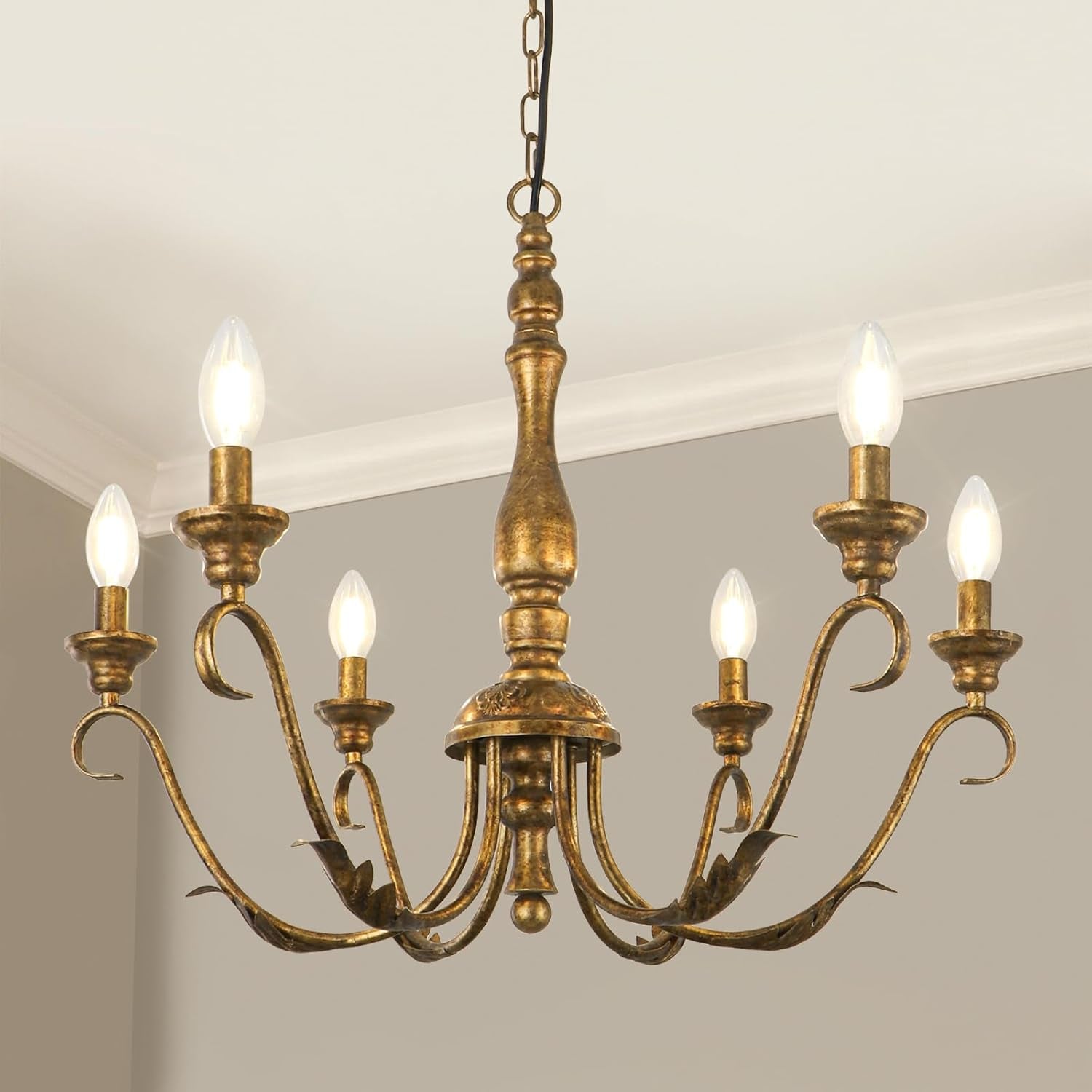 Six Light Farmhouse Chandelier Vintage Brass Fixture-0