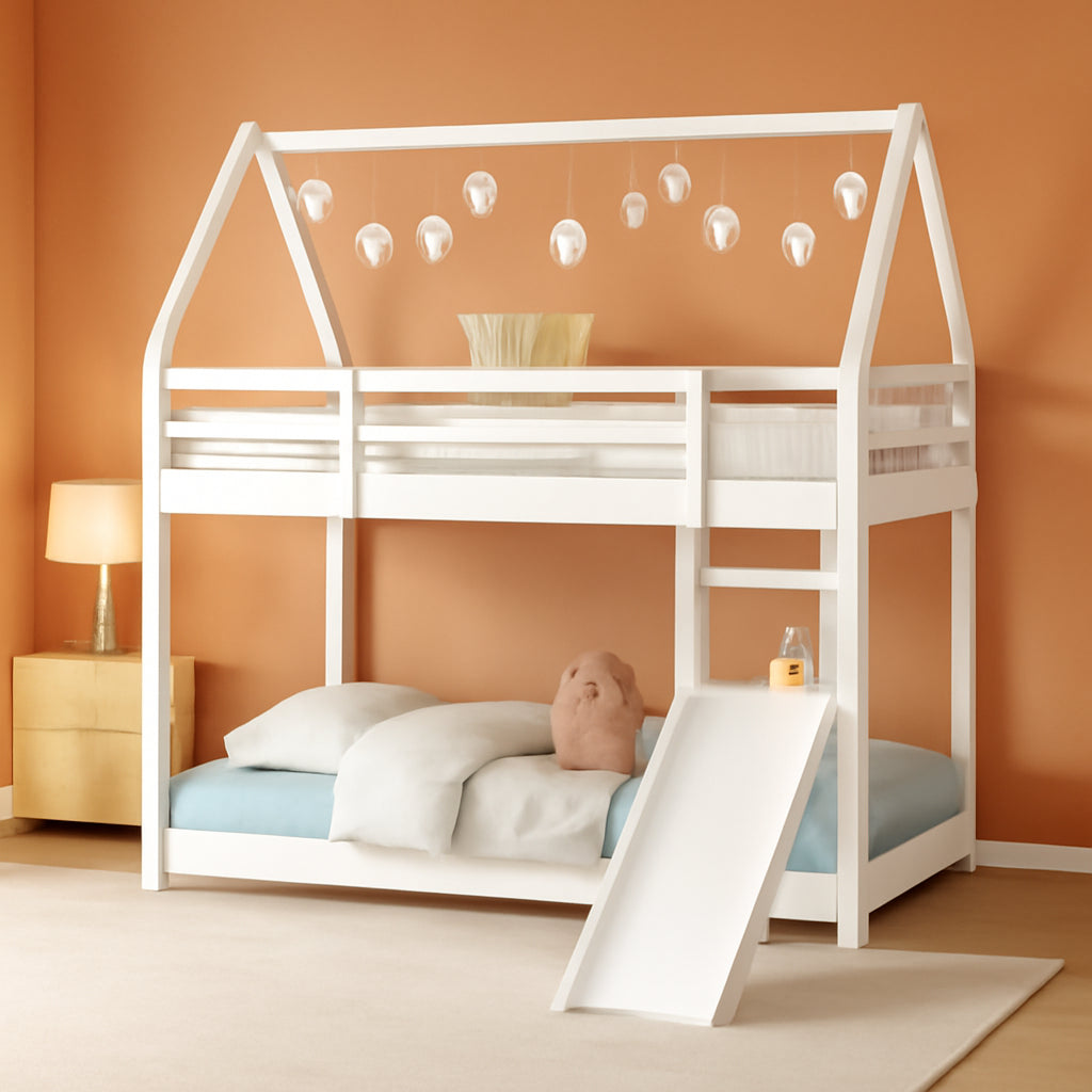 Twin over Twin House Bunk Bed with Slide,Floor Bunk Beds with Ladder for Kids,Solid Wood Twin Size Low Bunk Bed for Girls Boys-0