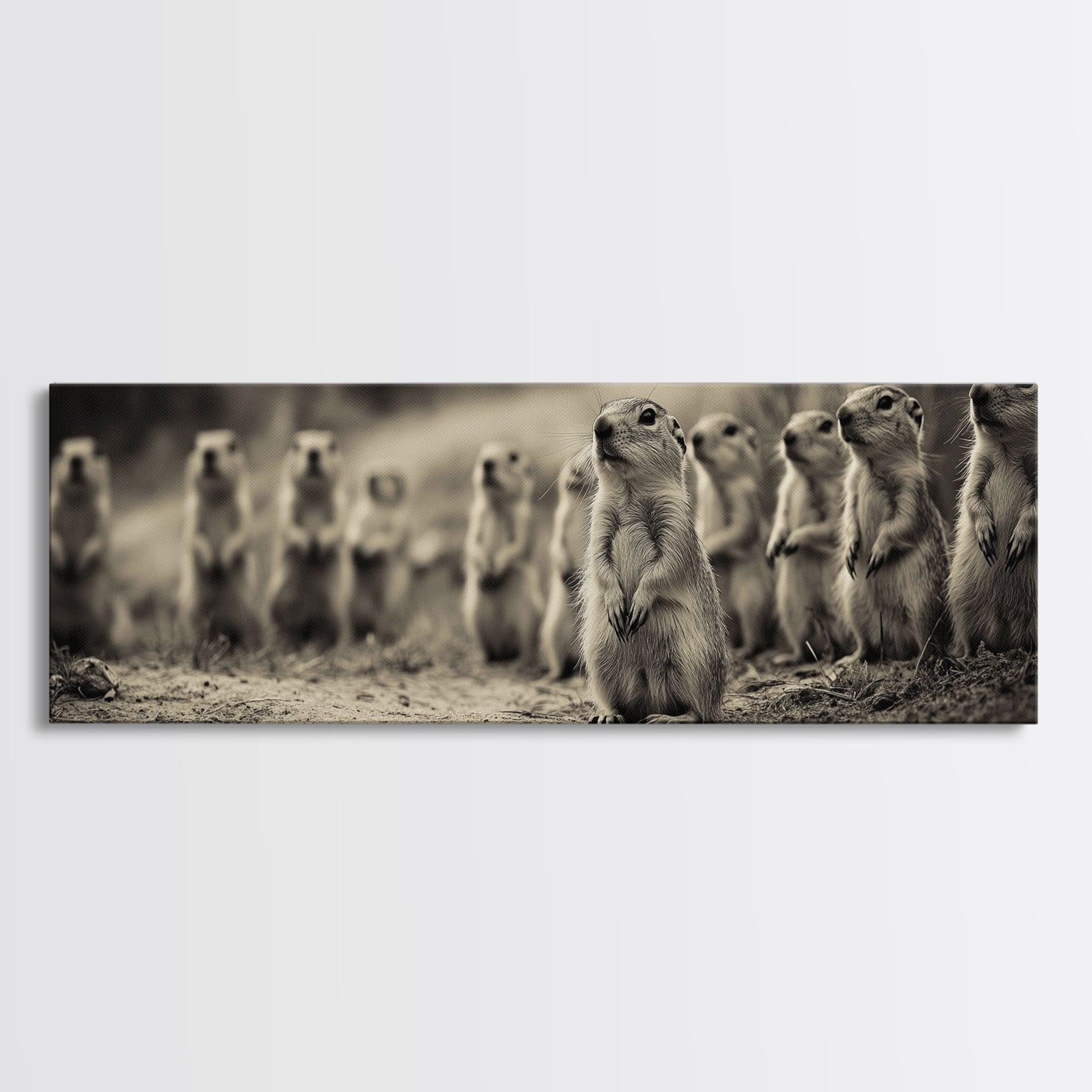 Prairie Dogs, Whimsical Critters, Nature Gathered, Canvas Print, Kids Room Art, Cute Animal Decor, Playful Black and White Art