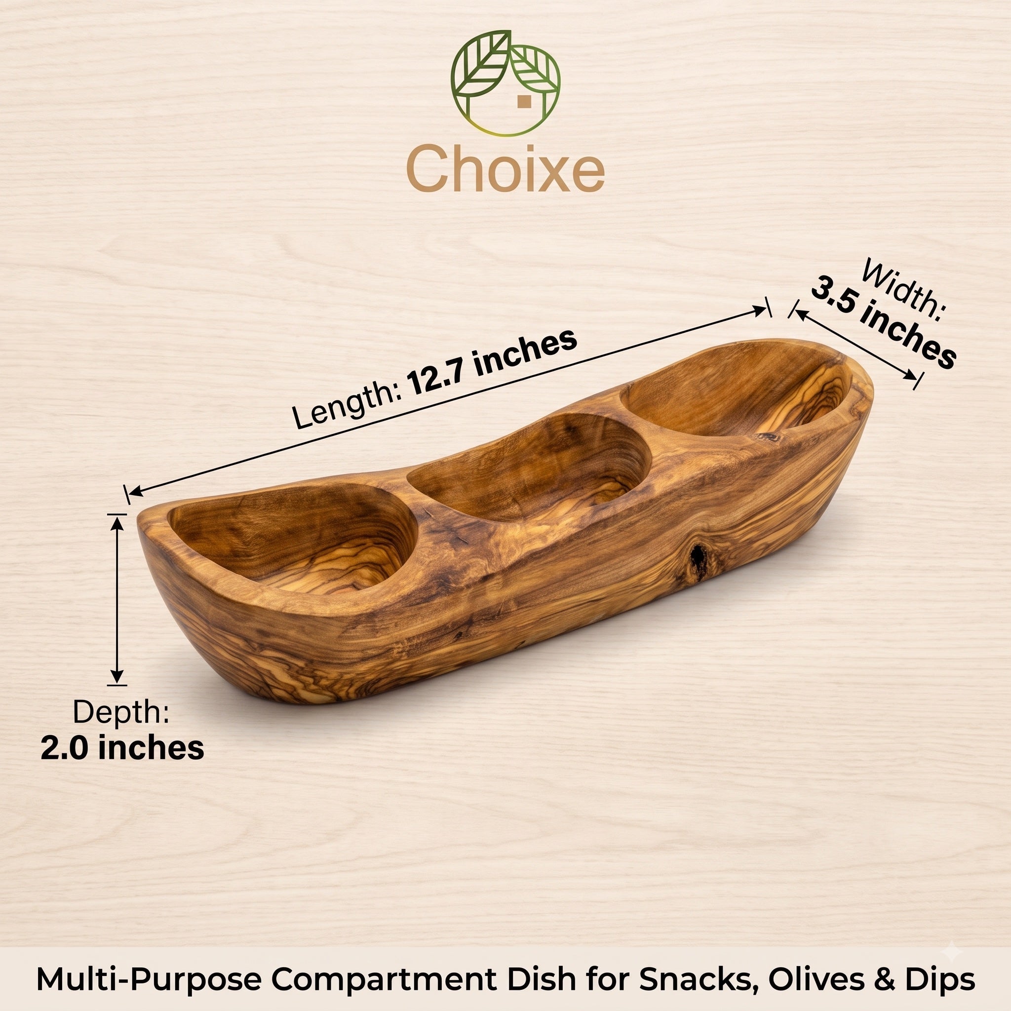 Olive Wood 3-Compartment Centerpiece Serving Tray