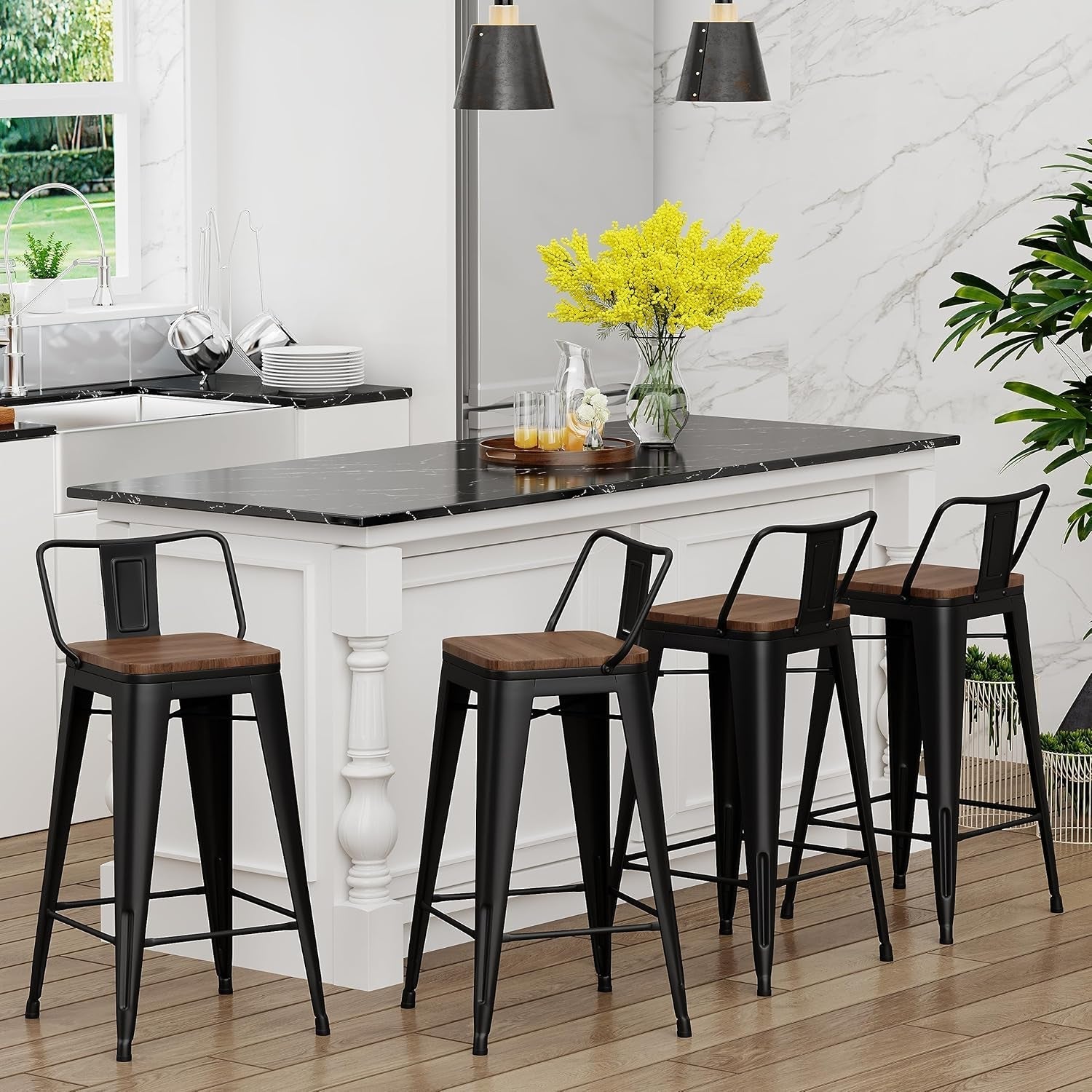 30 Inch Bar Stools Set Of 4 Matte Black Wood Seat With Back