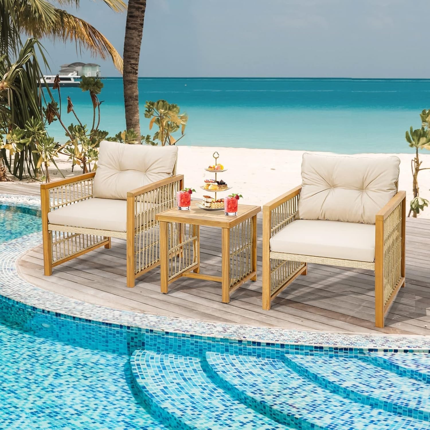 3 Piece Acacia Wood Patio Furniture Set With Beige PE Wicker Cushioned Chairs And Coffee Table