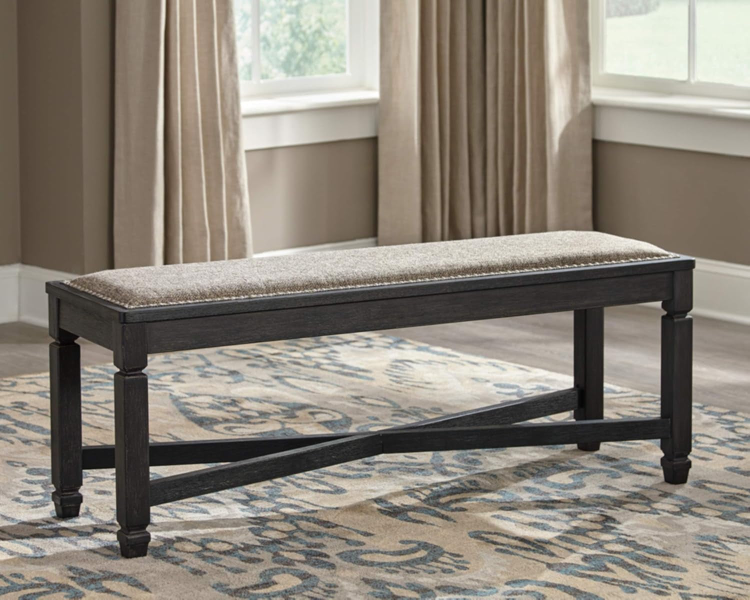 Upholstered Dining Bench Antique Black Finish Farmhouse