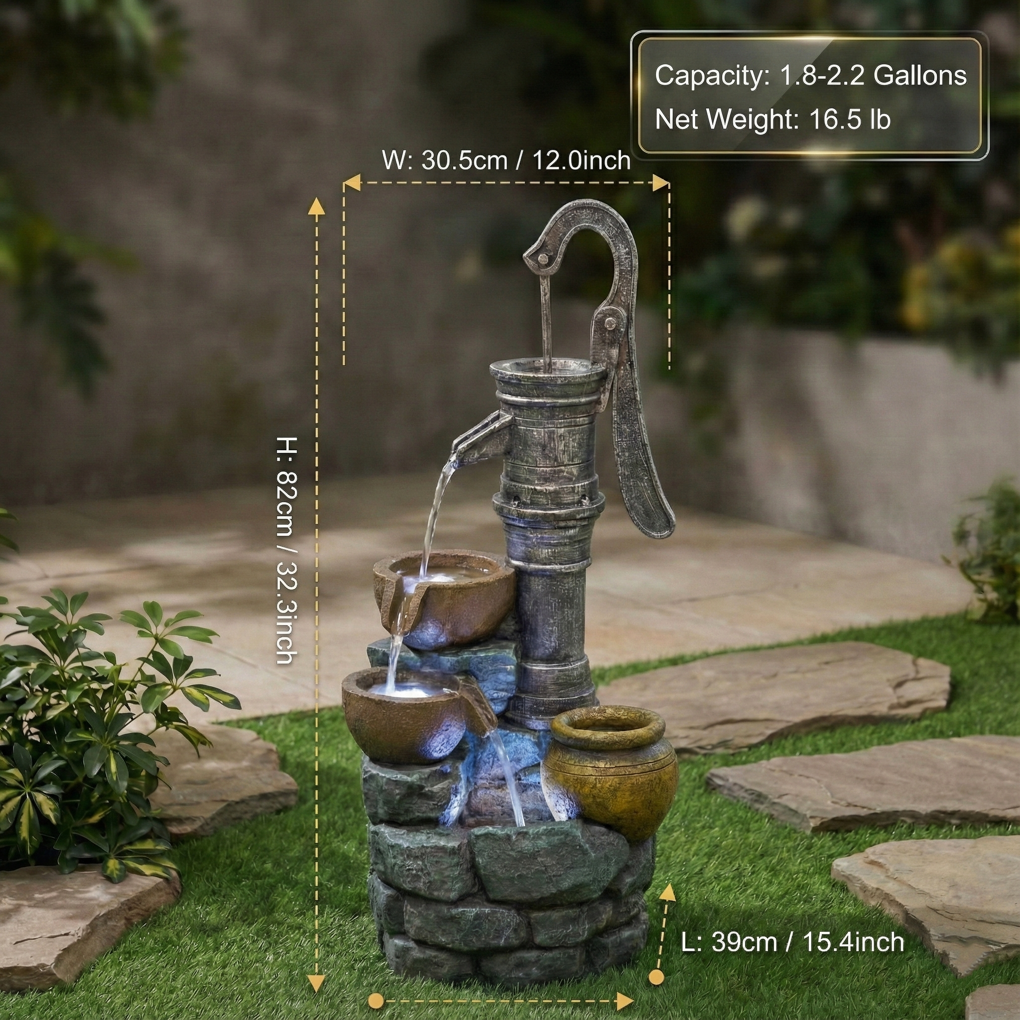 32'' H Large Outdoor Fountain with Vintage Pump