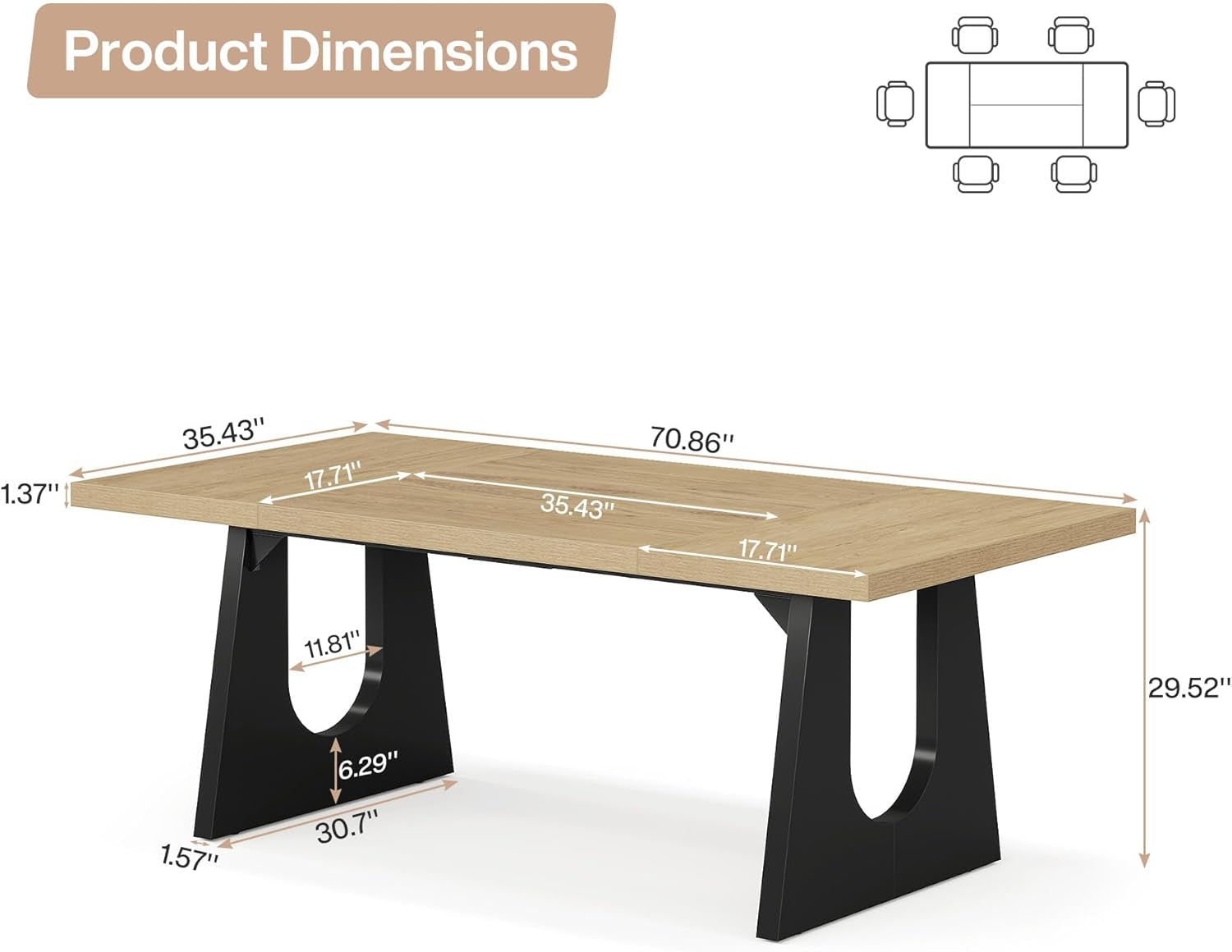 Oak And Black Rustic Dining Table 70.9 Inch For 6 To 8 People