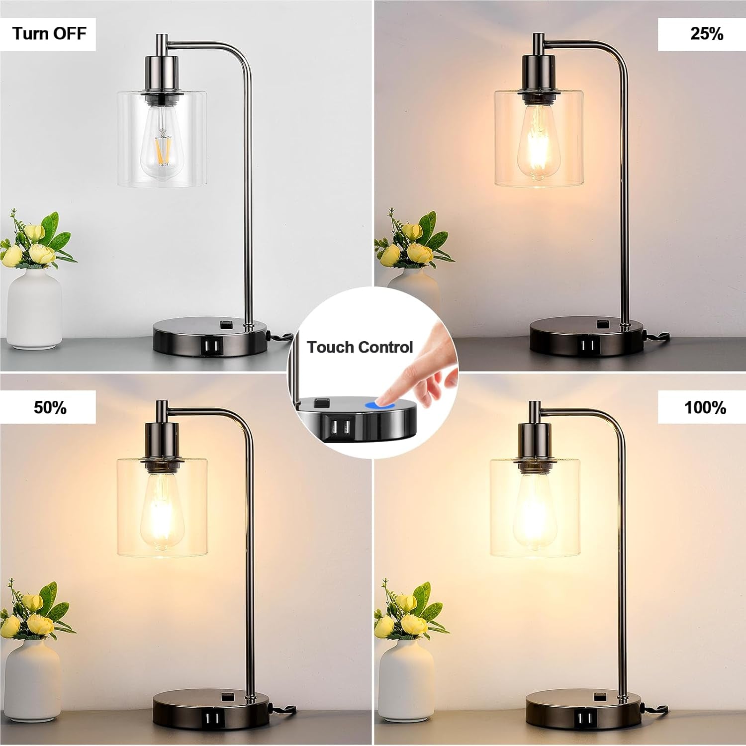 Industrial Table Lamps Black Nickel Touch Control Dimmable