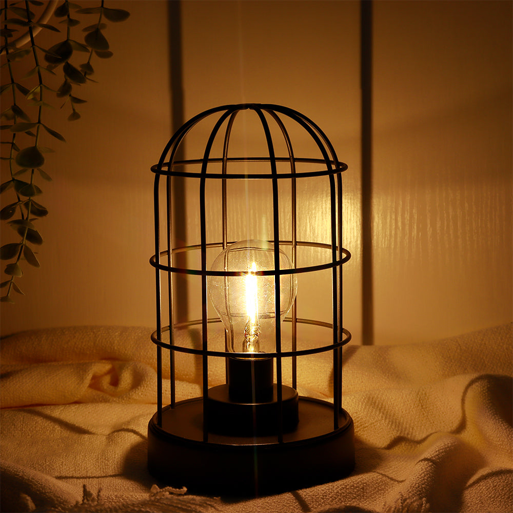 9.5''H Decorative Table Lamp Metal Cage Cordless Lamps with LED Bulb(Black)-2