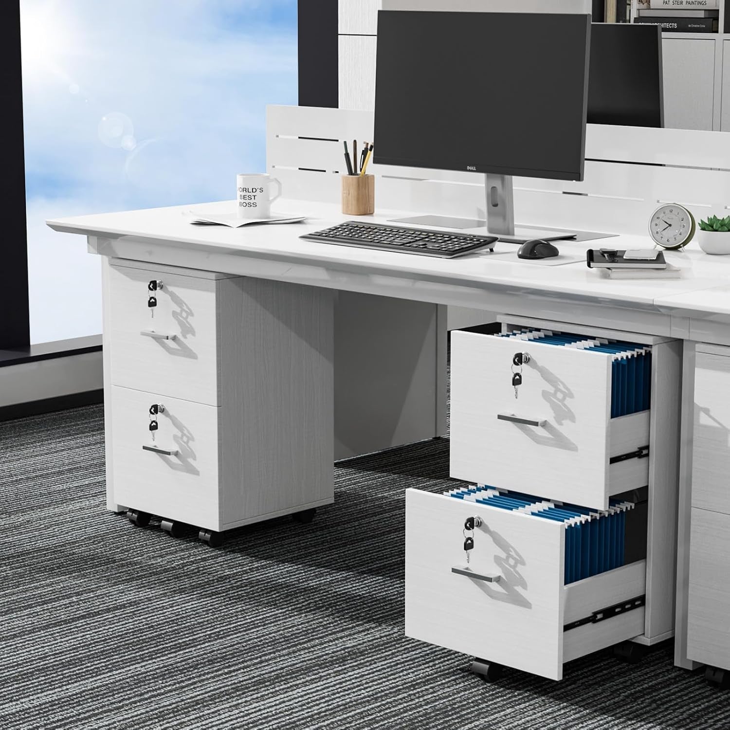 2 Drawer Locking File Cabinet For Letter Size Folders With Tabs, Mobile Under Desk