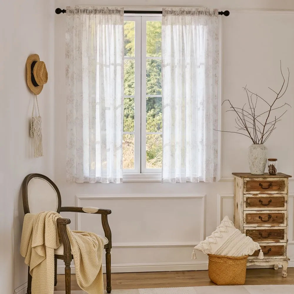 Ivanna Farmhouse Floral Toile Print Sheer Curtains