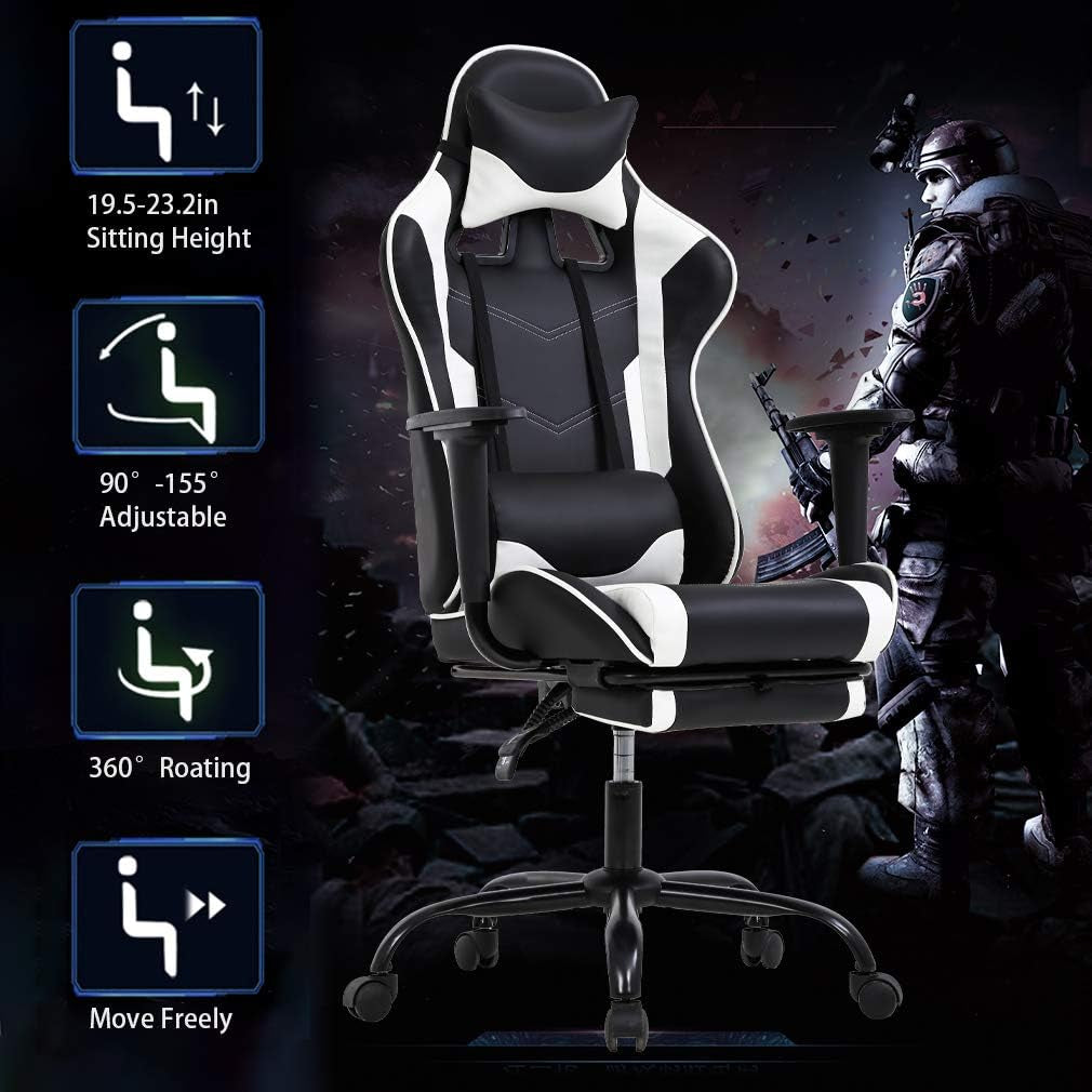 Ergonomic Gaming Chair With Lumbar Support Footrest White