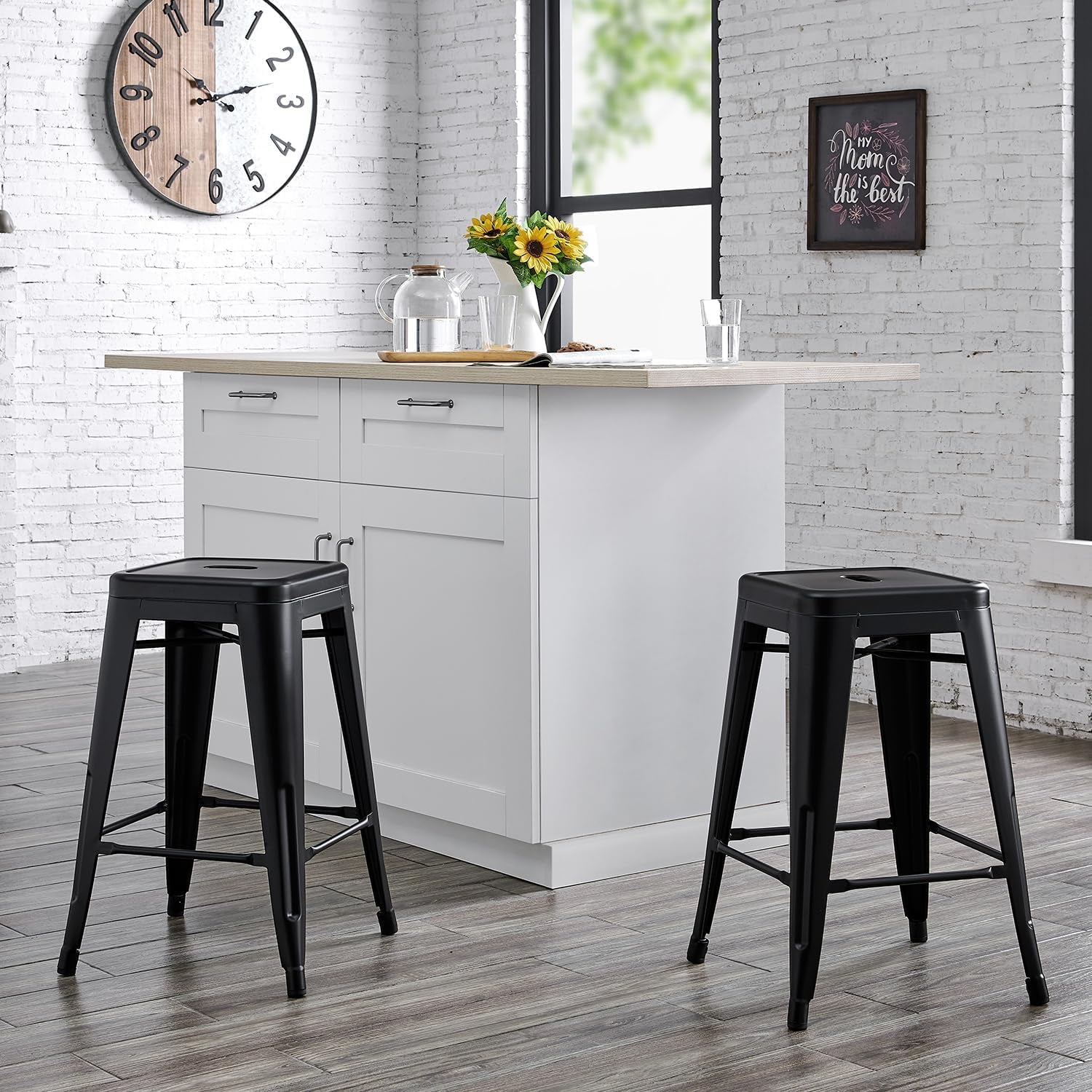 Metal Backless Barstool Set of Two in Matte Black