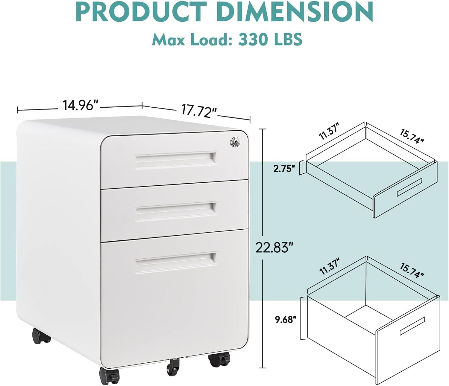 Mobile Filing Cabinet 3 Drawer White Lock On Wheels