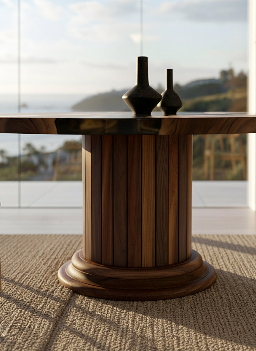 Round Dining Table with Solid Wood Drum Pedestal Base
