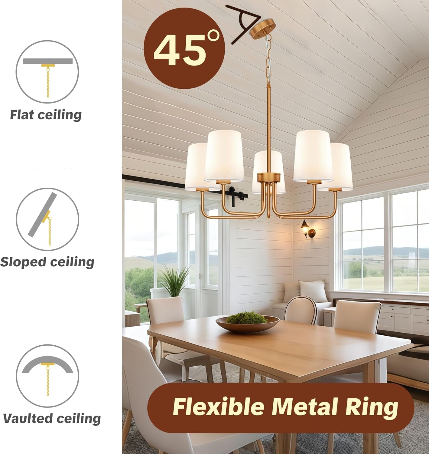 Brass Farmhouse Chandelier Five Light Adjustable Fixture-4