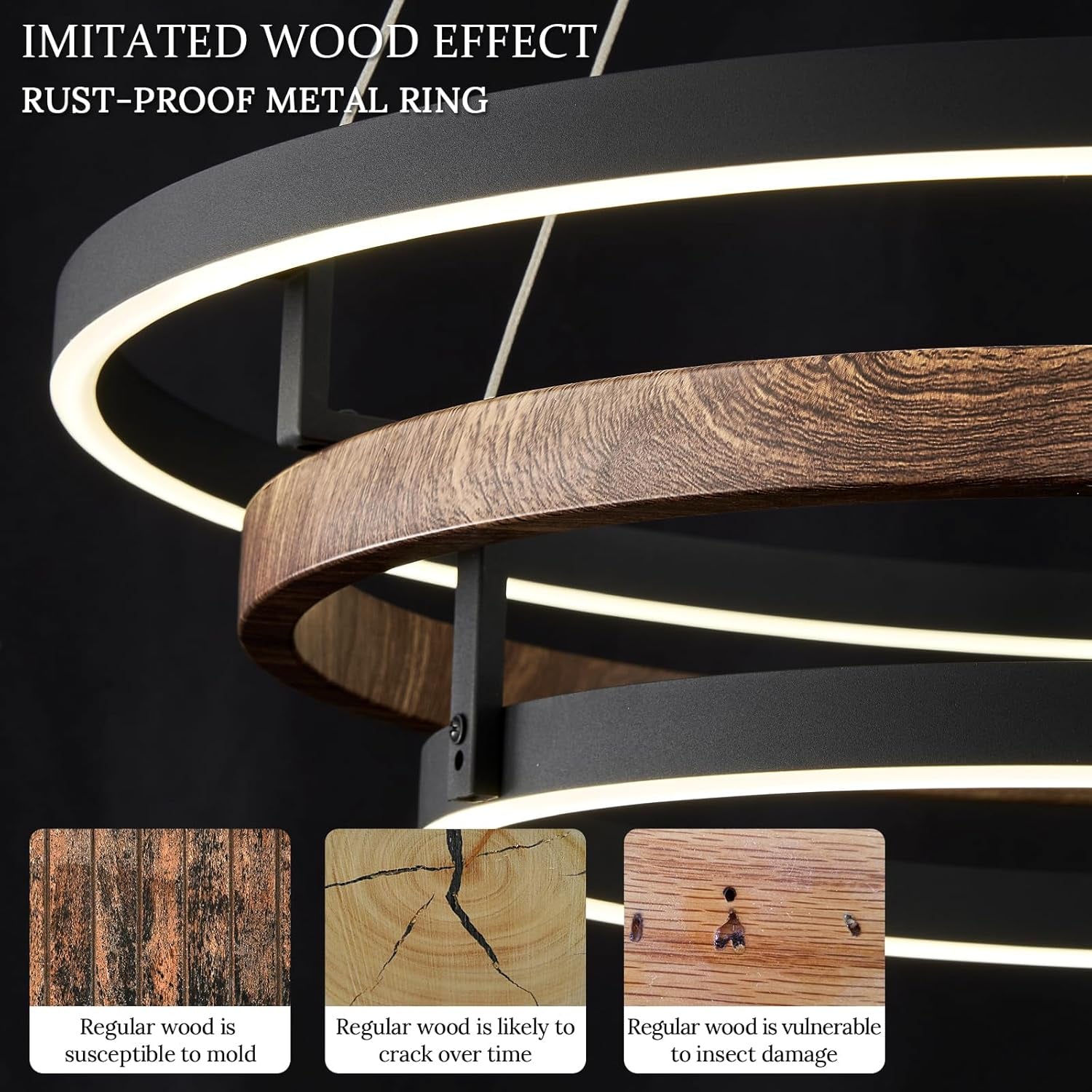 Matte Black Triple Ring LED 24 Inch Chandelier Fixture-3