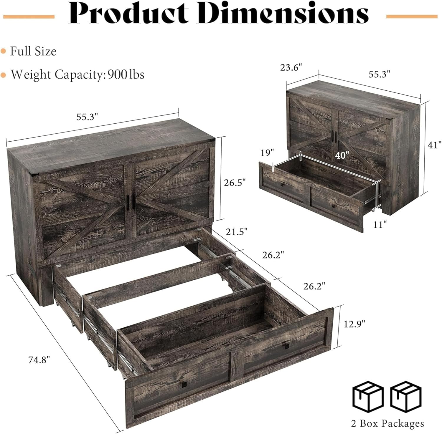 Black Oak Murphy Bed Cabinet With USB Charging Station Queen Size