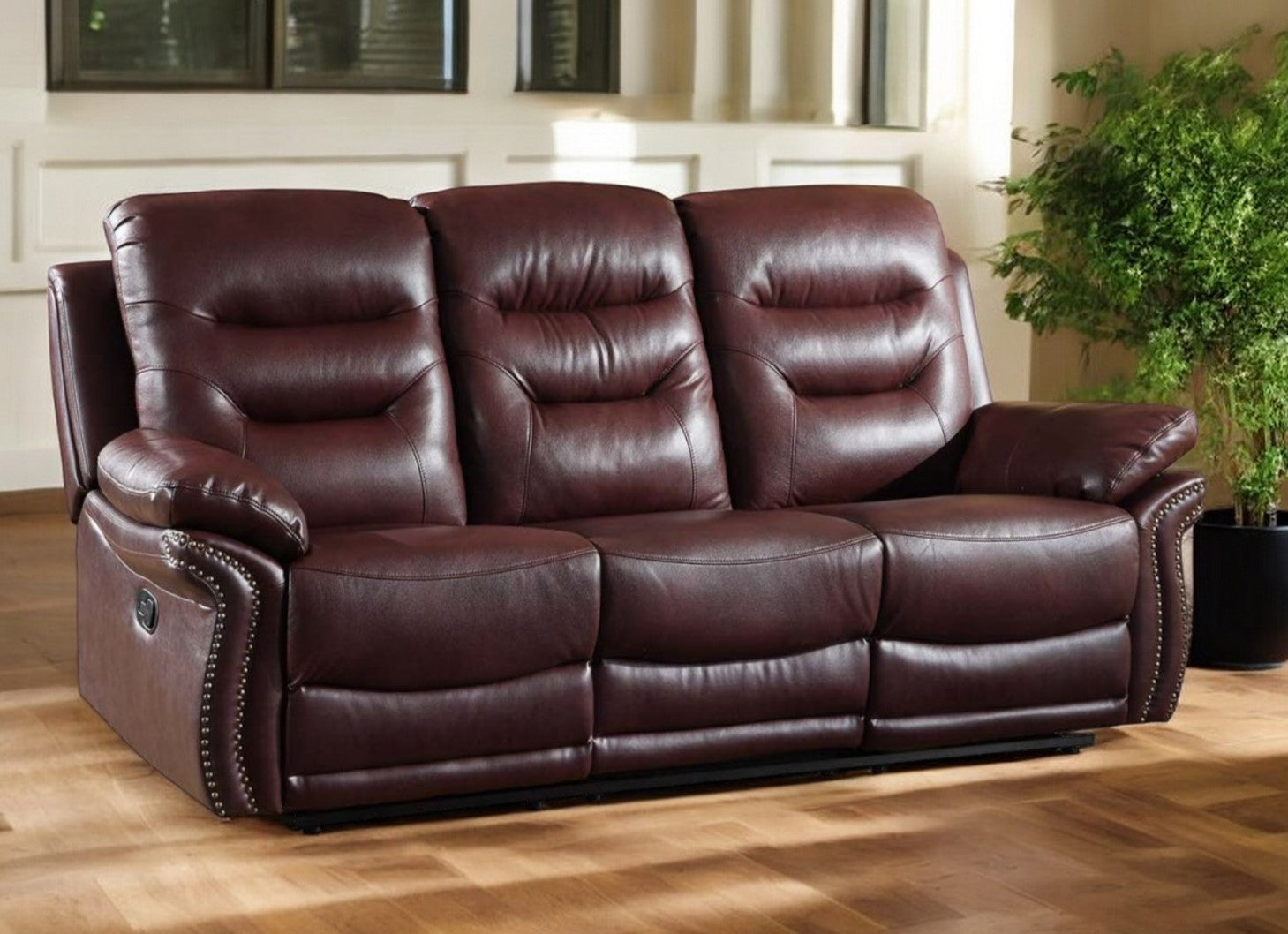 90" Burgundy Faux Leather Reclining Sofa With Black Legs-0